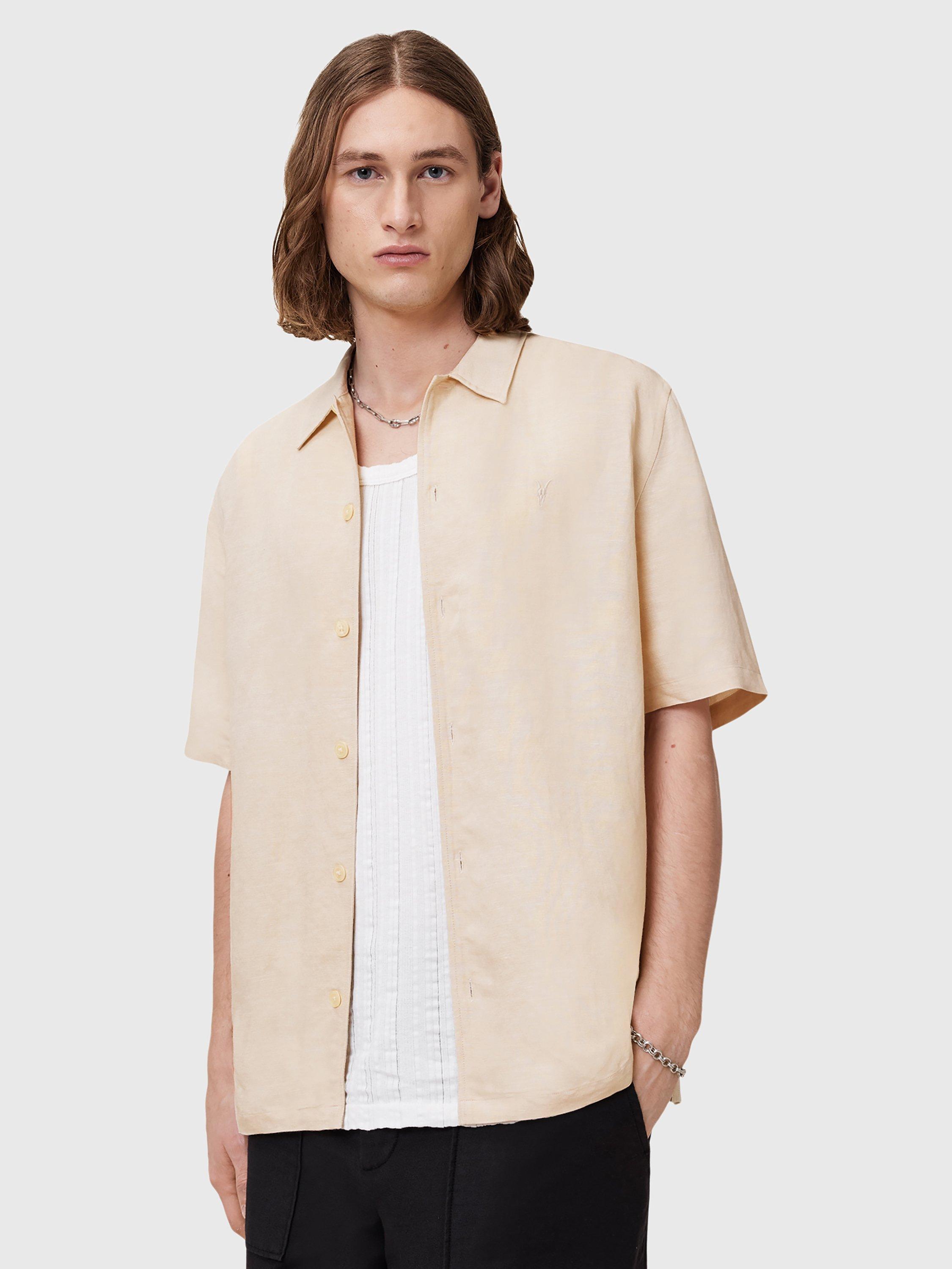 Product image 1 of 9, which shows AllSaints Bandol Regular Fit Linen Blend Short Sleeve Shirt, Beige, L