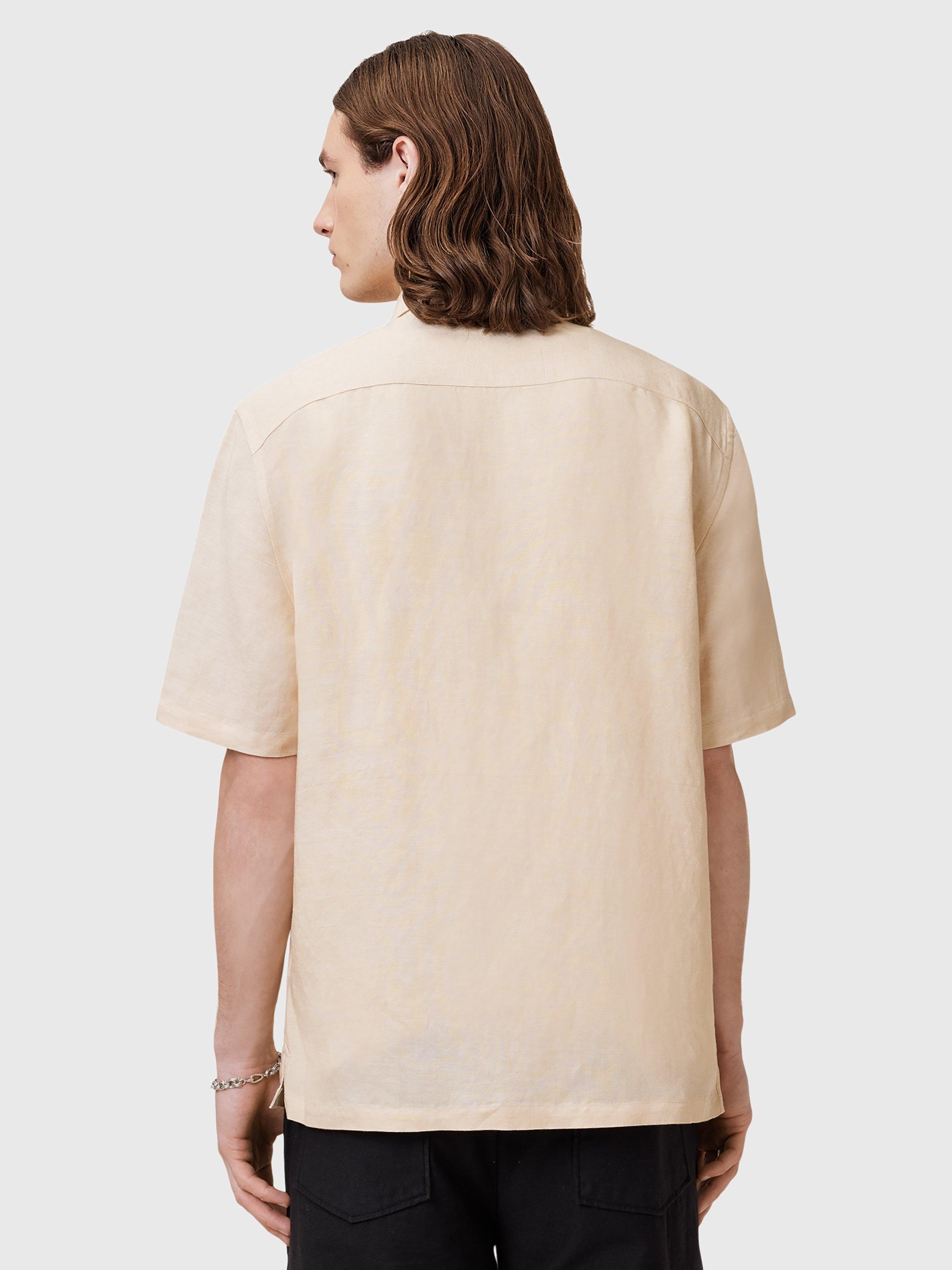 Product image 2 of 9, which shows AllSaints Bandol Regular Fit Linen Blend Short Sleeve Shirt, Beige, L