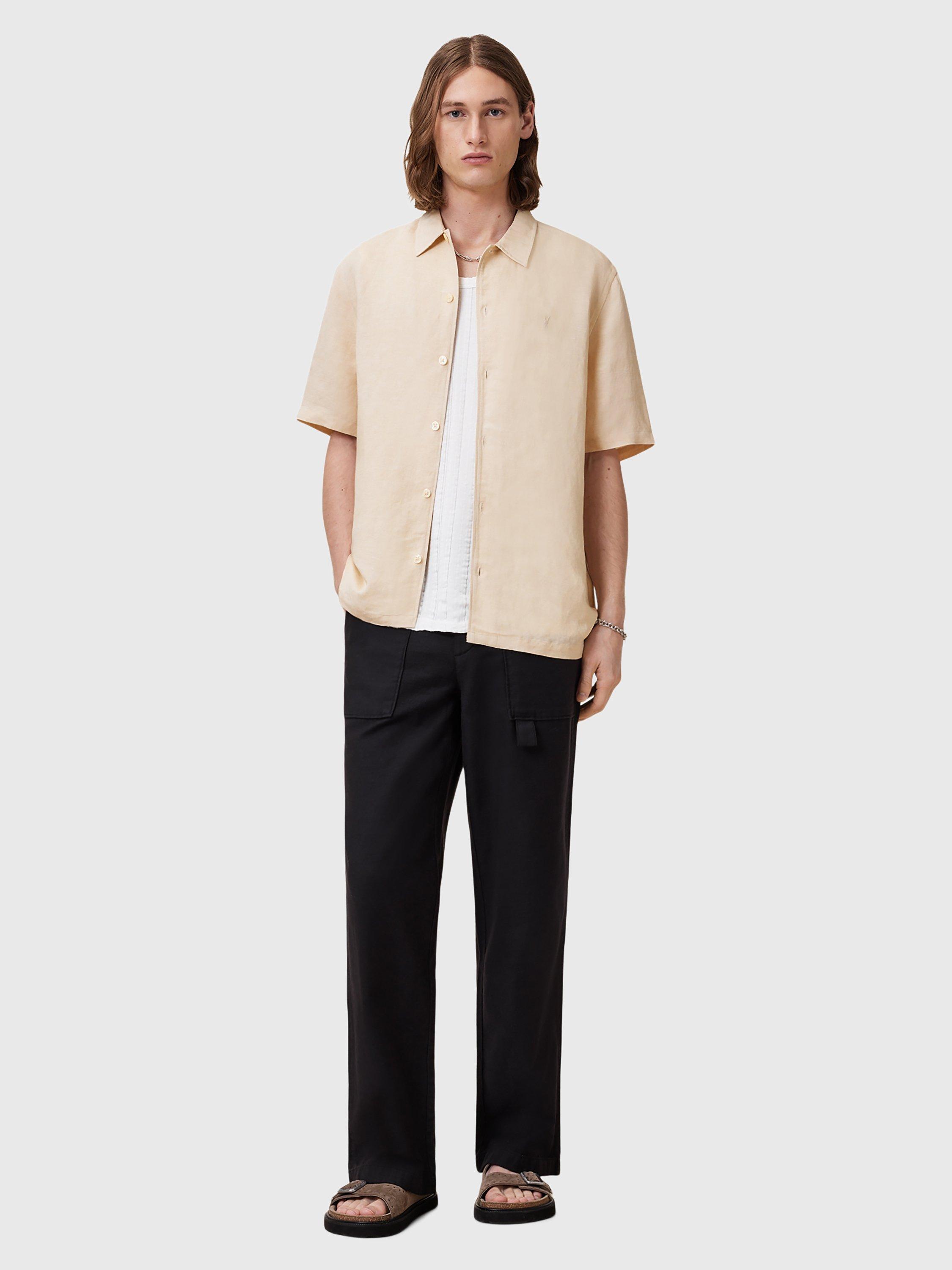 Product image 3 of 9, which shows AllSaints Bandol Regular Fit Linen Blend Short Sleeve Shirt, Beige, L