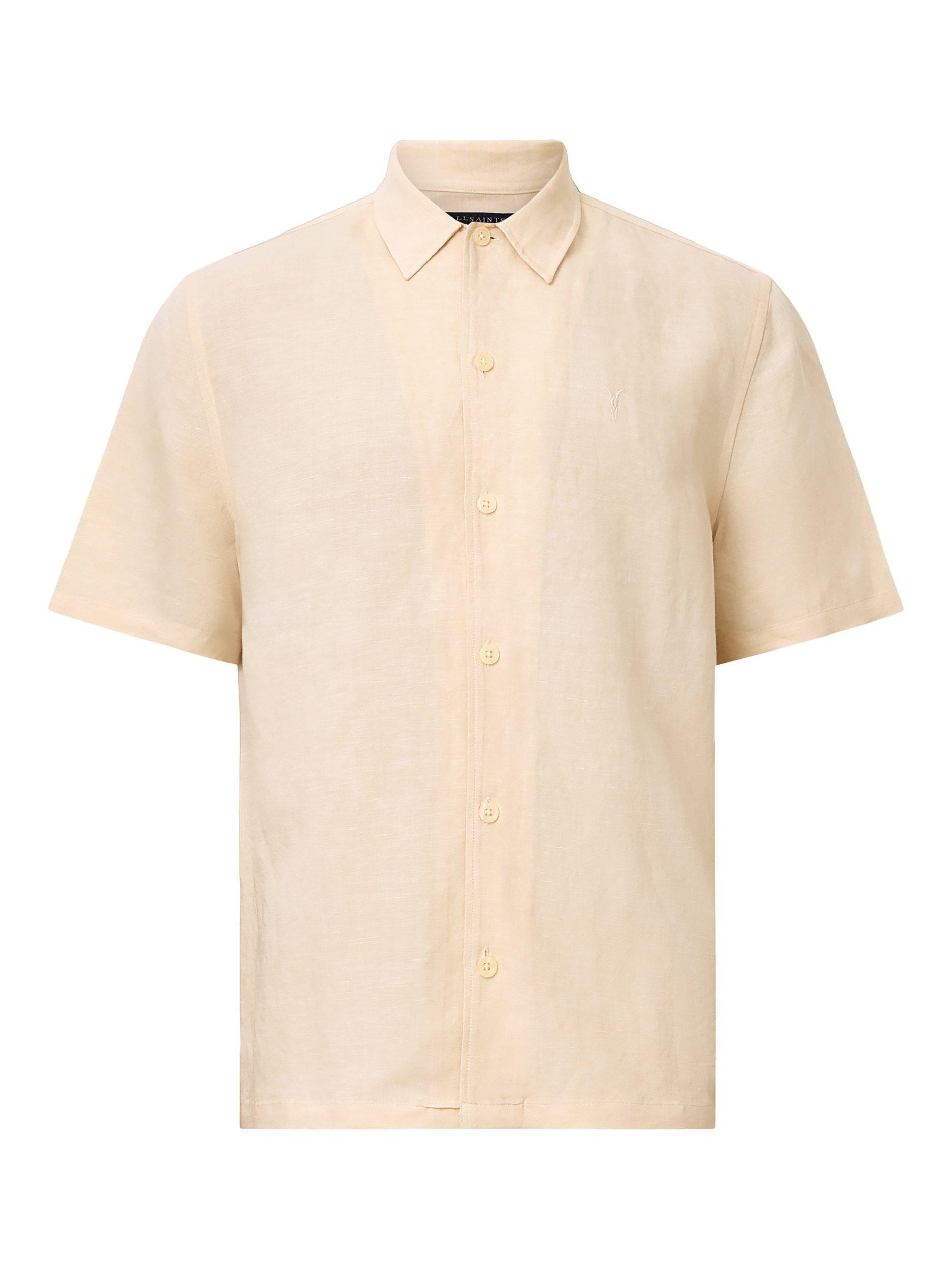 Product image 4 of 9, which shows AllSaints Bandol Regular Fit Linen Blend Short Sleeve Shirt, Beige, L