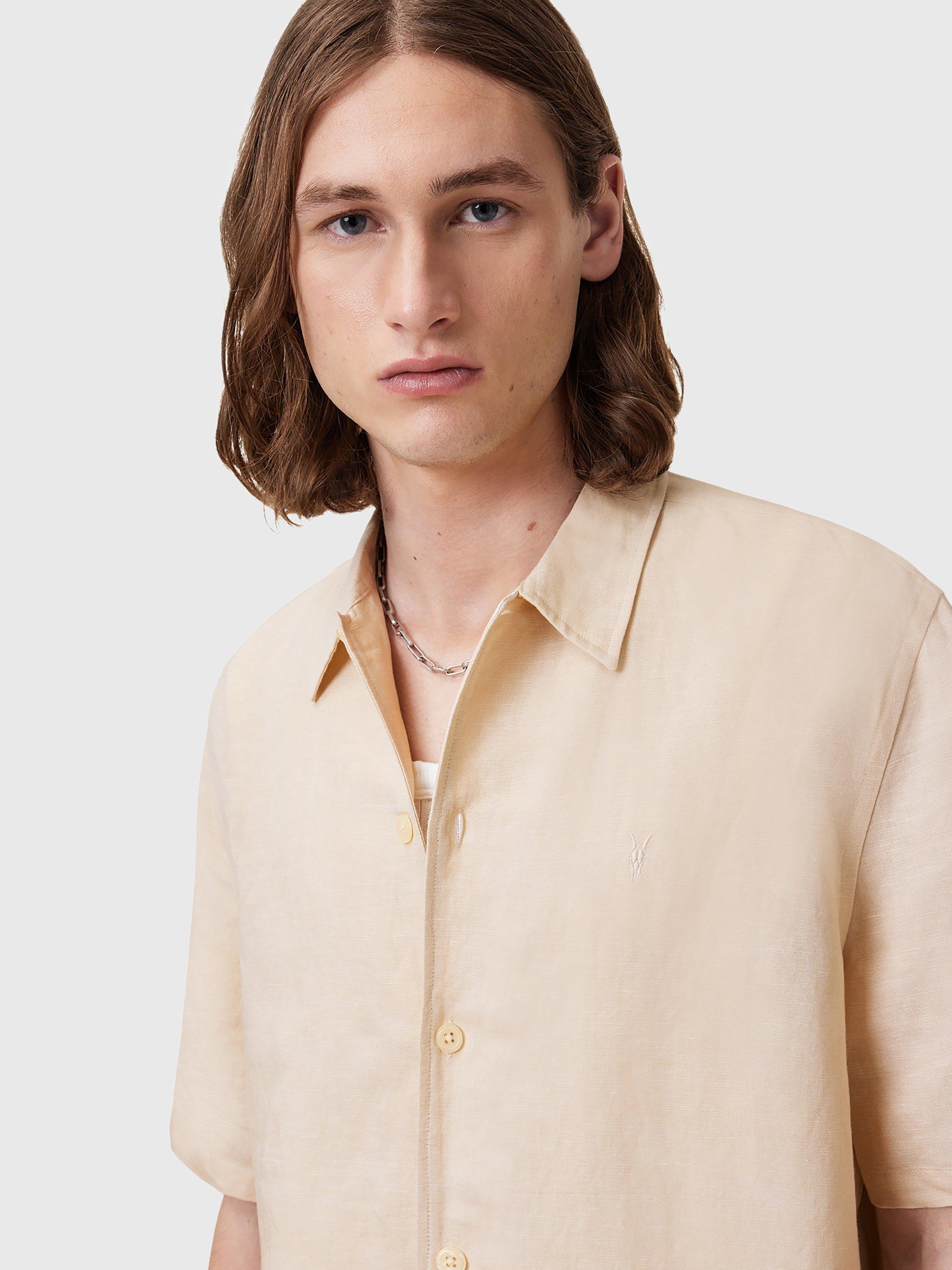 Product image 5 of 9, which shows AllSaints Bandol Regular Fit Linen Blend Short Sleeve Shirt, Beige, L