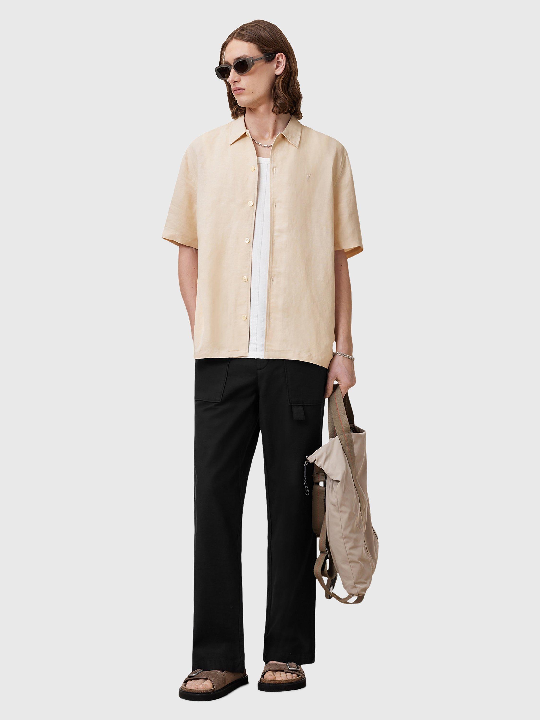 Product image 6 of 9, which shows AllSaints Bandol Regular Fit Linen Blend Short Sleeve Shirt, Beige, L