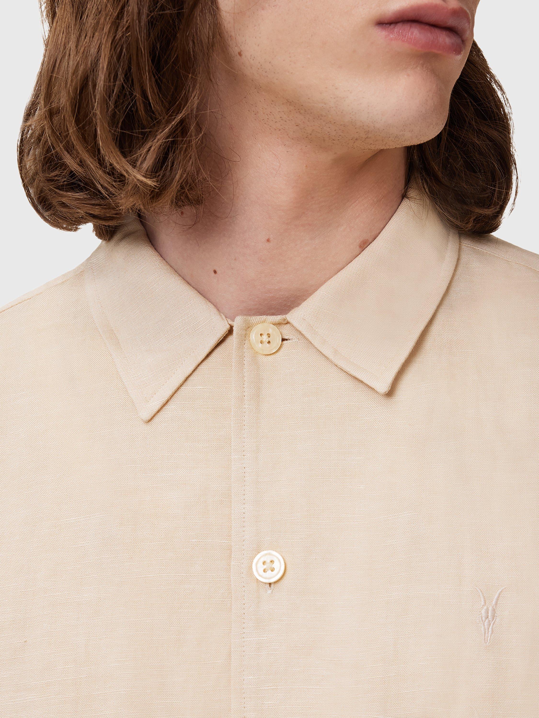 Product image 8 of 9, which shows AllSaints Bandol Regular Fit Linen Blend Short Sleeve Shirt, Beige, L