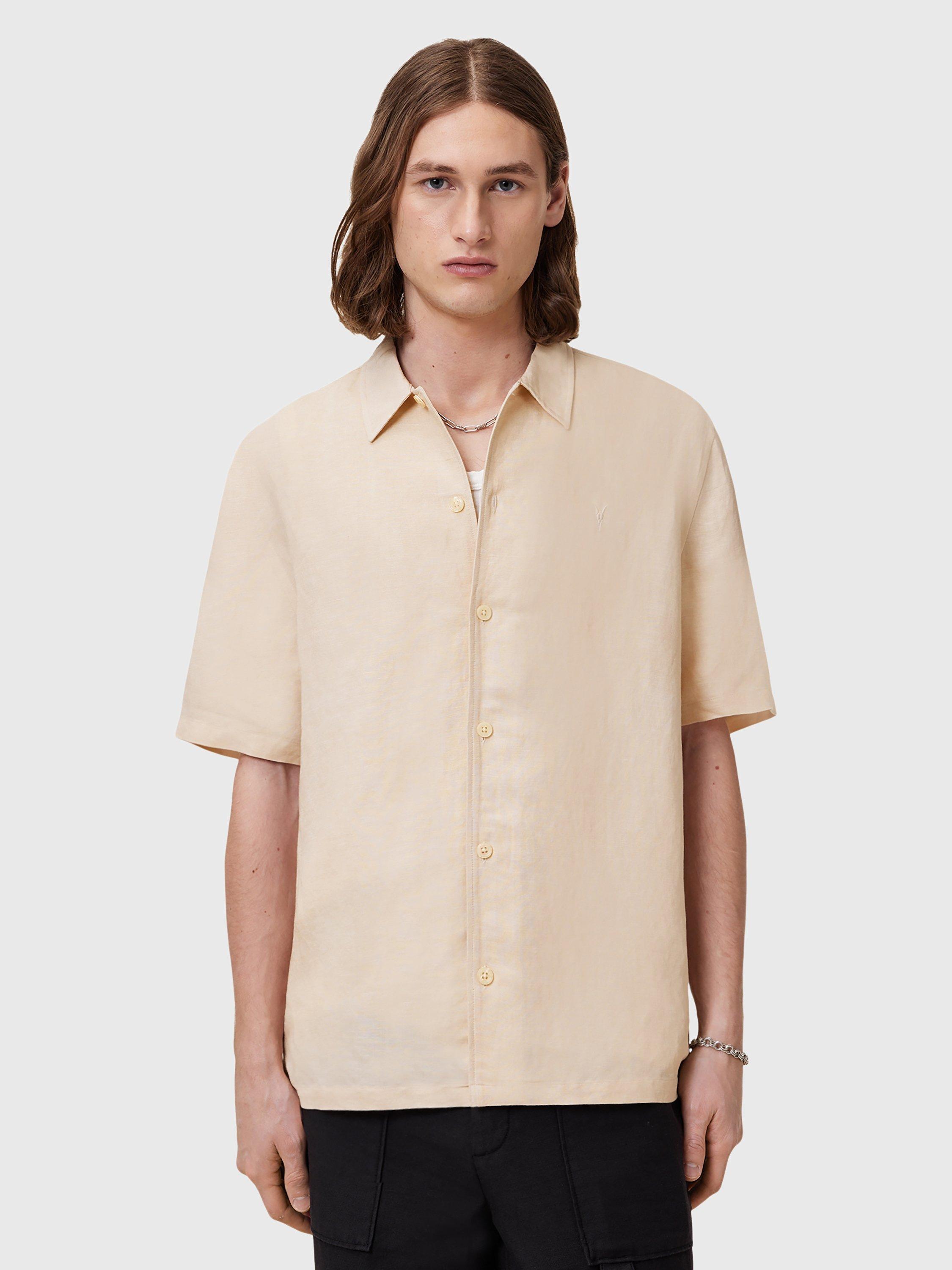 Product image 9 of 9, which shows AllSaints Bandol Regular Fit Linen Blend Short Sleeve Shirt, Beige, L