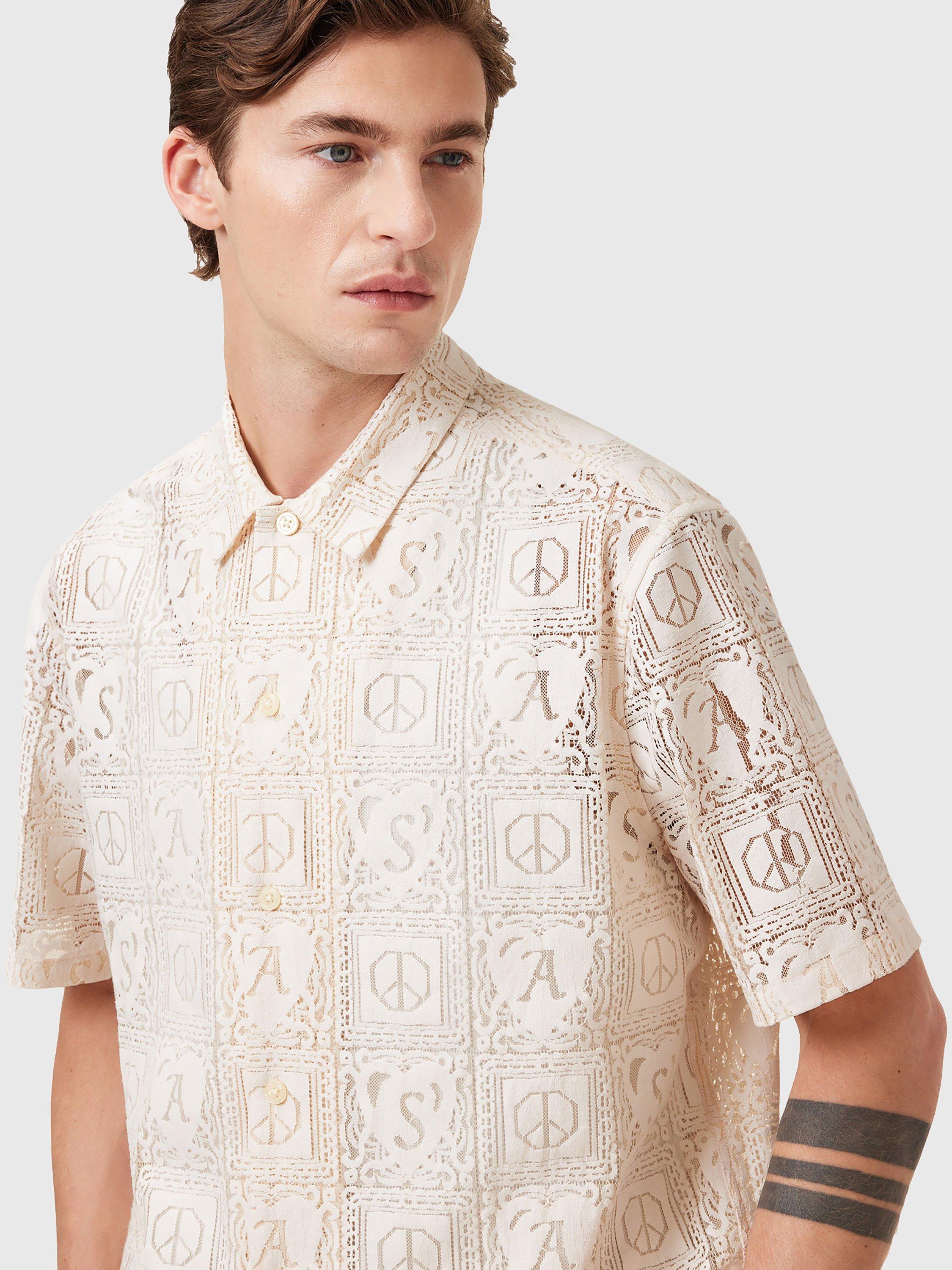 Product image 5 of 8, which shows AllSaints Netley Loose Fit Embroidered Short Sleeve Shirt, Off White, L