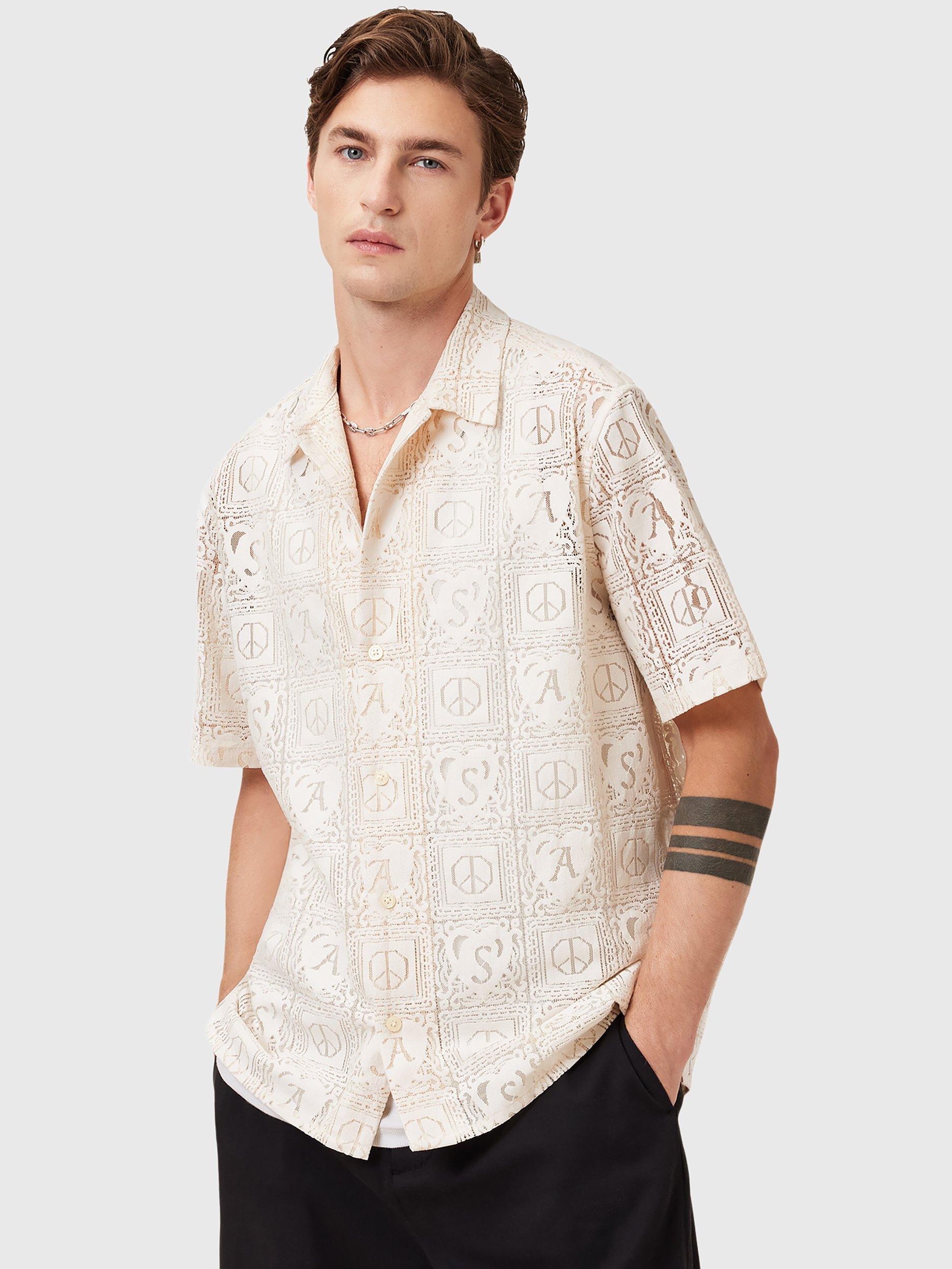 Product image 7 of 8, which shows AllSaints Netley Loose Fit Embroidered Short Sleeve Shirt, Off White, L
