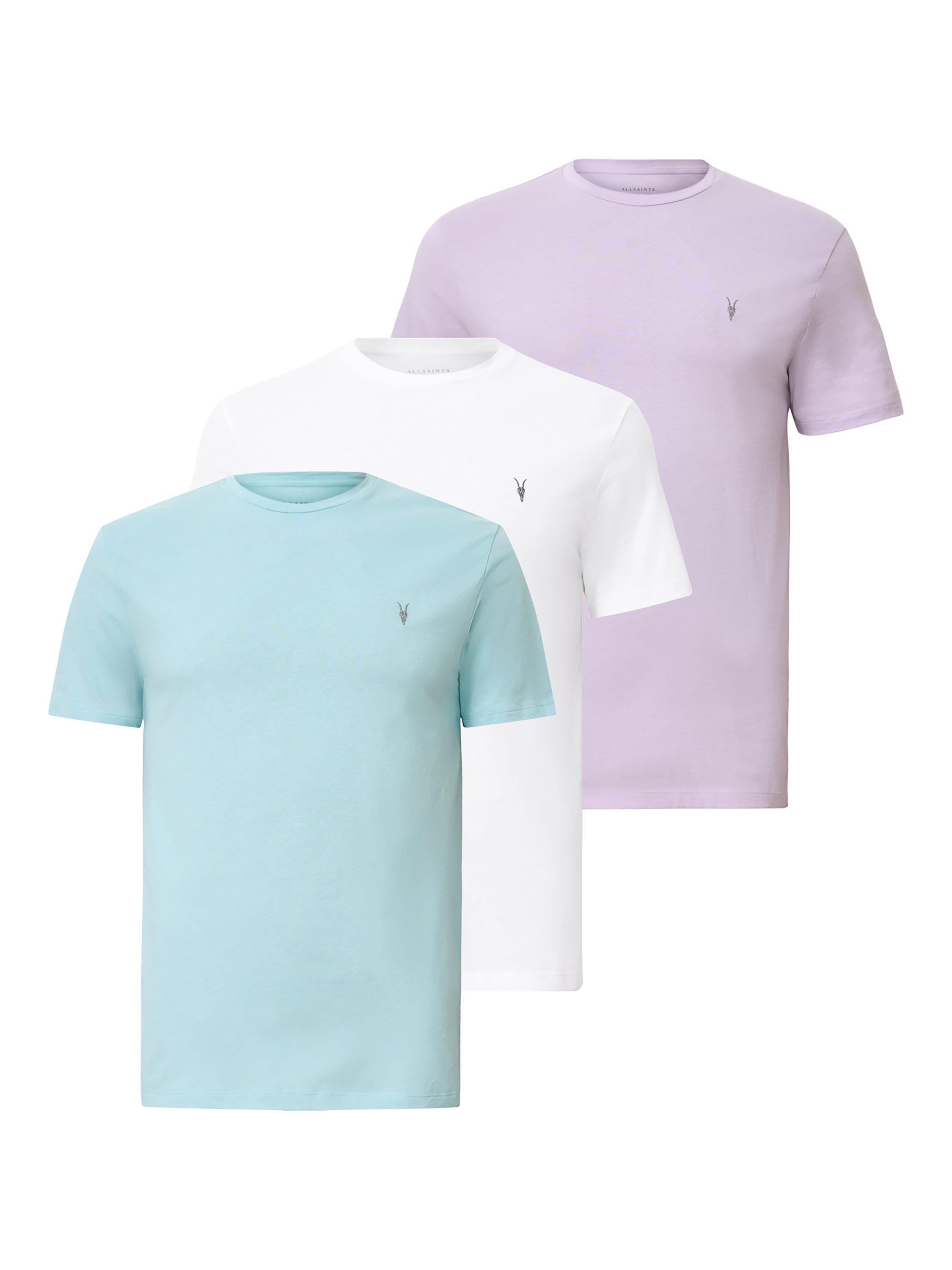 Product image 1 of 9, which shows AllSaints Brace Slim Fit Cotton T-Shirt, Pack of 3, Optical White/Lilac/Blue, L