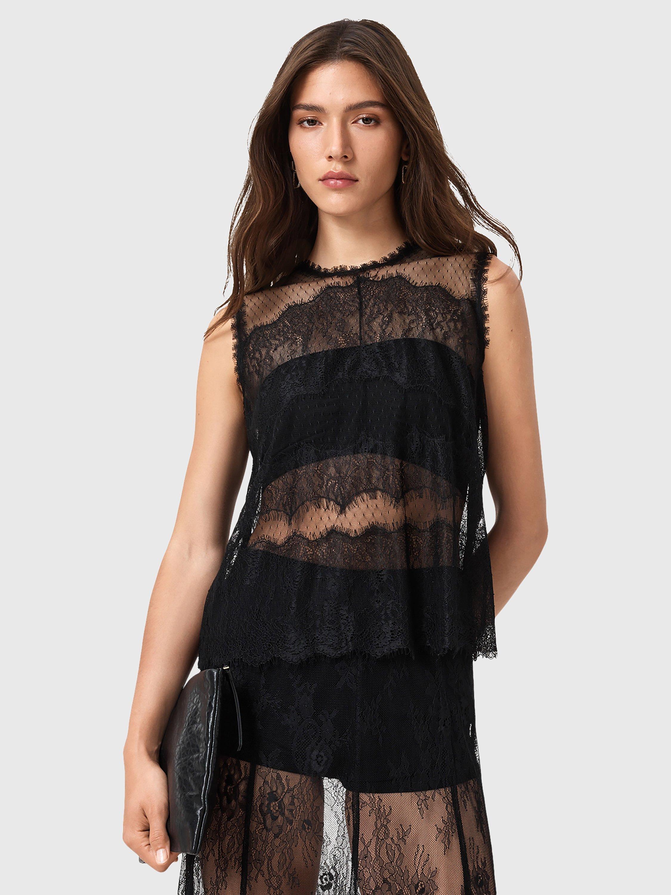 Product image 1 of 1, which shows AllSaints Clara Lace Sleeveless Top, Black, 10