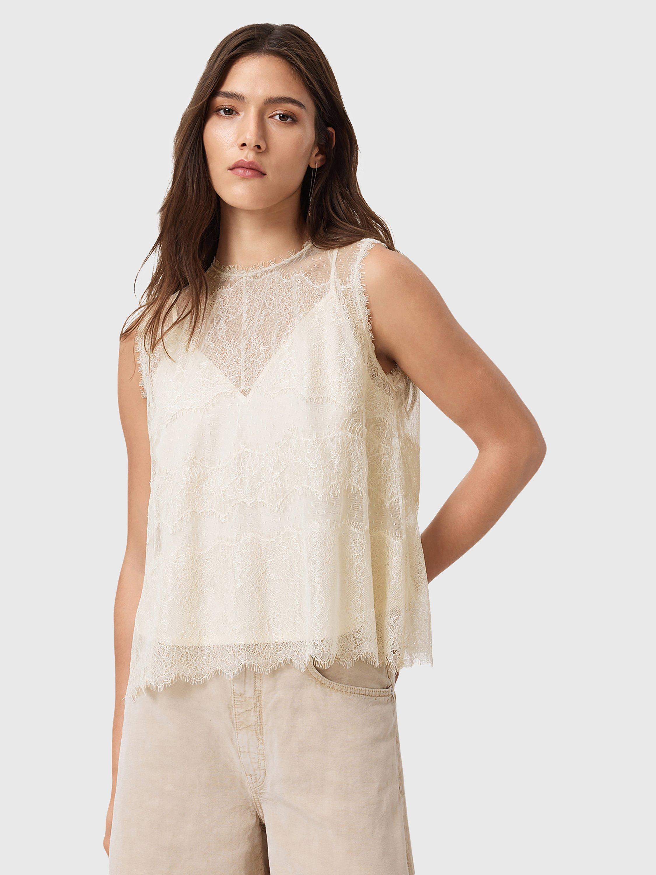 Product image 1 of 9, which shows AllSaints Clara Lace Sleeveless Top, Vintage White, 6