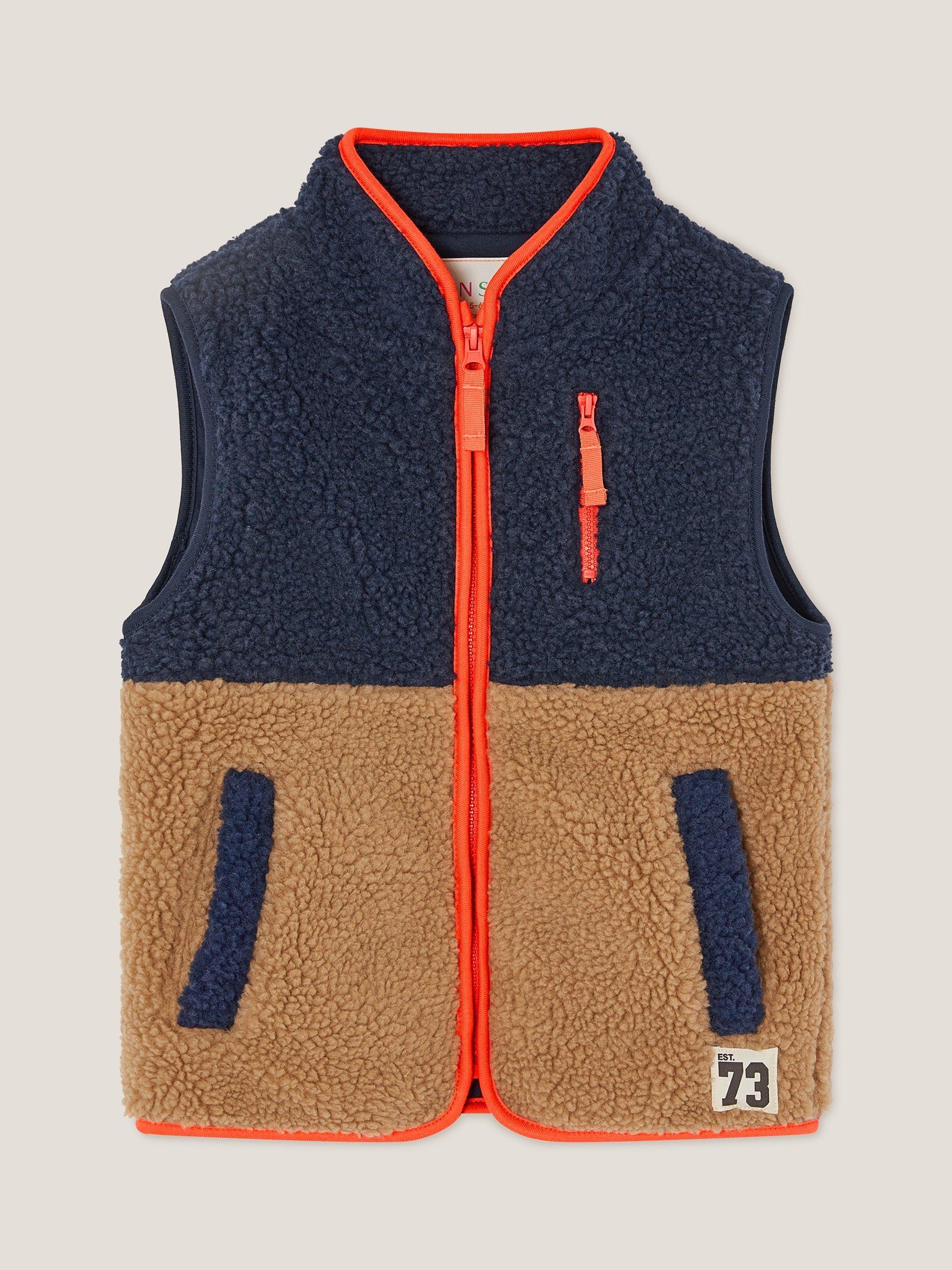 Product image 1 of 3, which shows Monsoon Kids' Sleeveless Borg Colour Block Jumper, Navy, 5-6 years