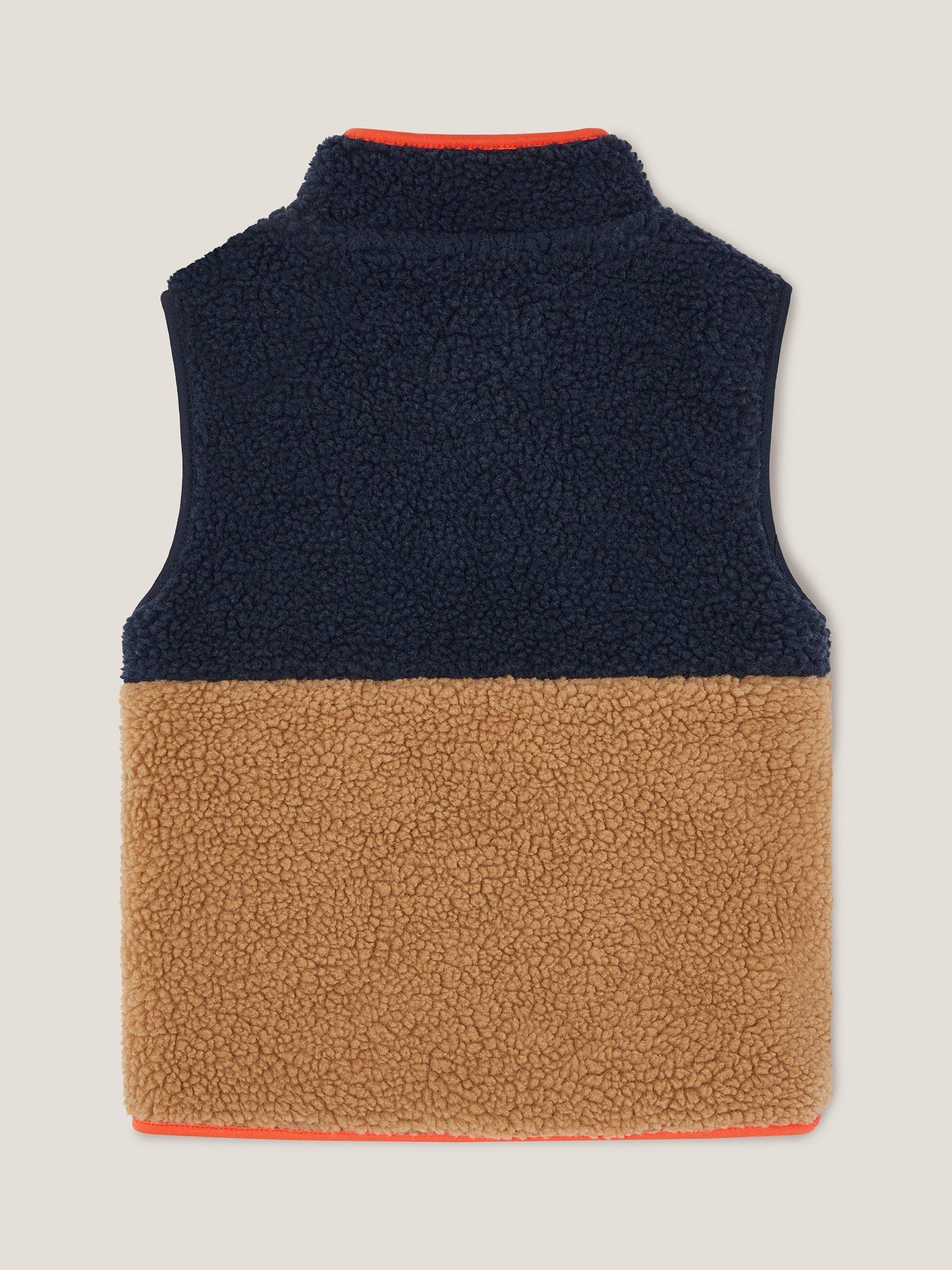 Product image 2 of 3, which shows Monsoon Kids' Sleeveless Borg Colour Block Jumper, Navy, 5-6 years