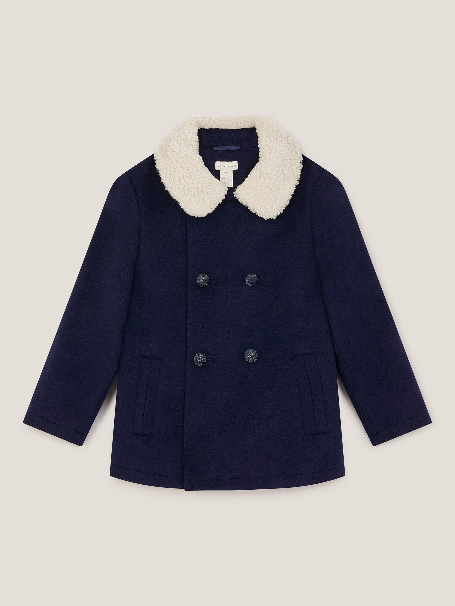 Product image 1 of 3, which shows Monsoon Kids' Double Breasted Borg Collar Pea Coat, Navy, 2-3 years
