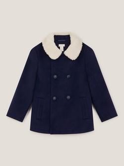 Monsoon Kids' Double Breasted Borg Collar Pea Coat, Navy, Navy