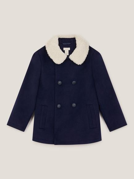 Monsoon Kids' Double Breasted Borg Collar Pea Coat, Navy, Navy
