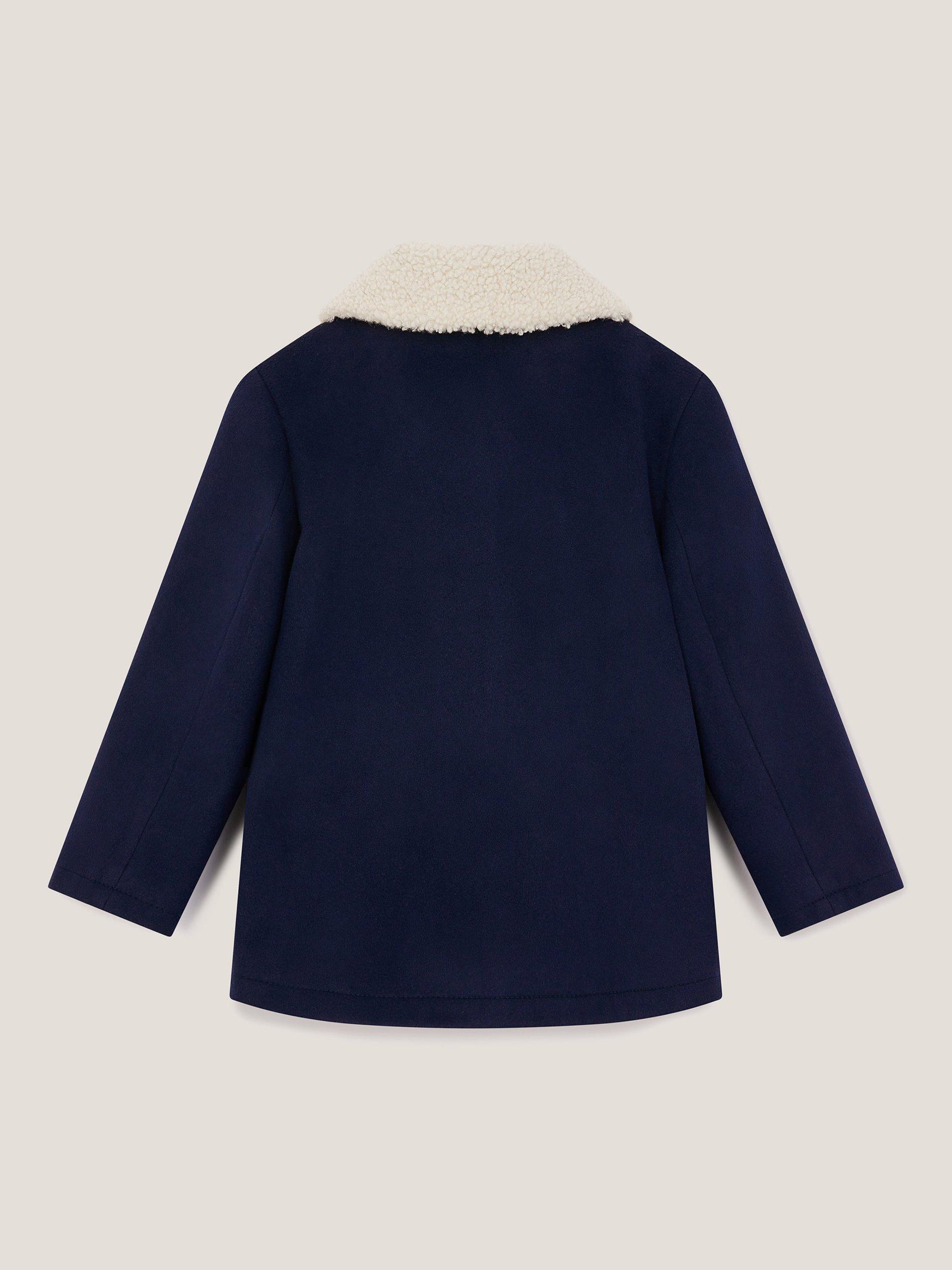 Product image 2 of 3, which shows Monsoon Kids' Double Breasted Borg Collar Pea Coat, Navy, 2-3 years