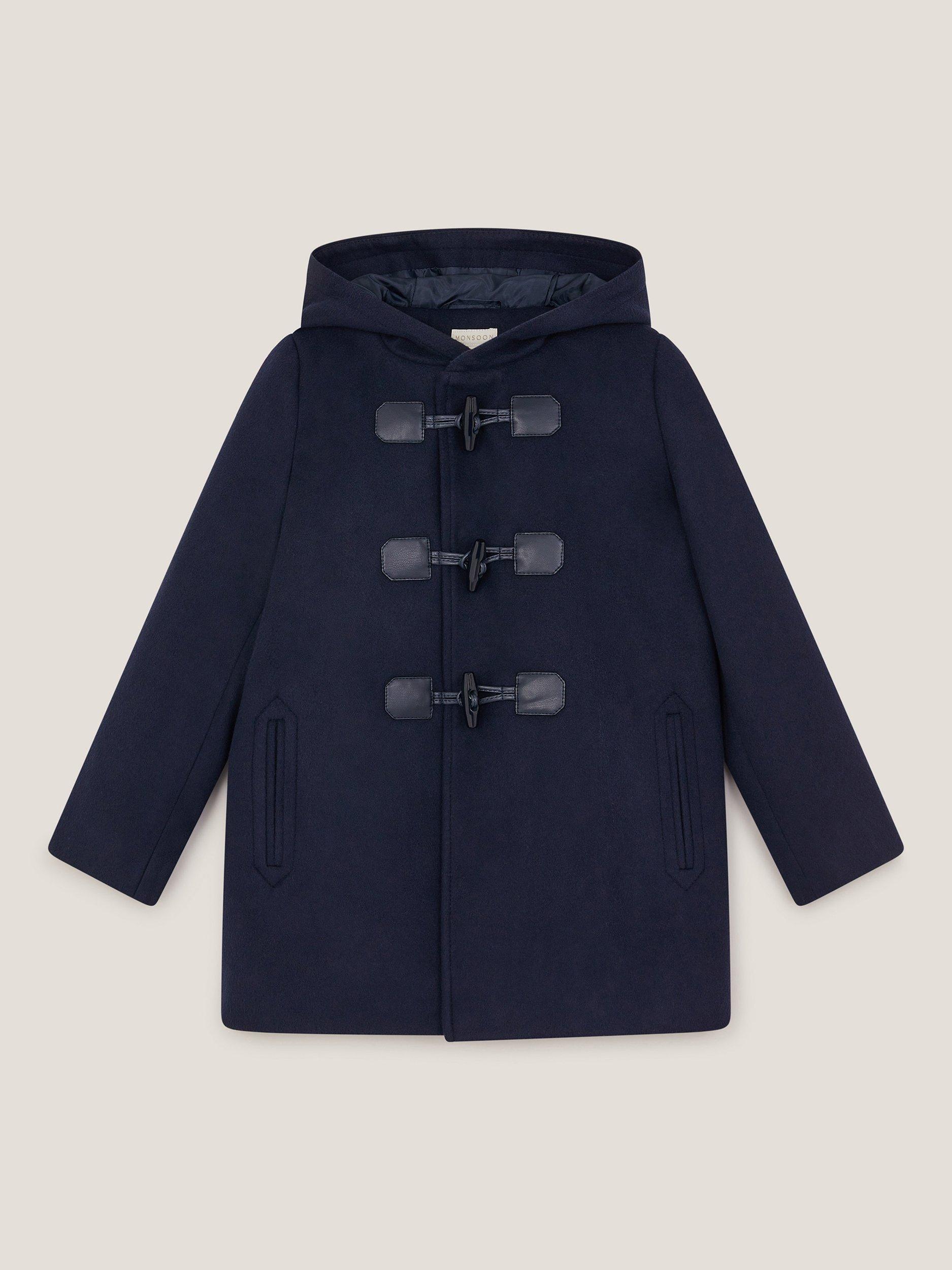 Product image 1 of 3, which shows Monsoon Kids' Hooded Toggle Duffle Coat, Navy, 12-18 months