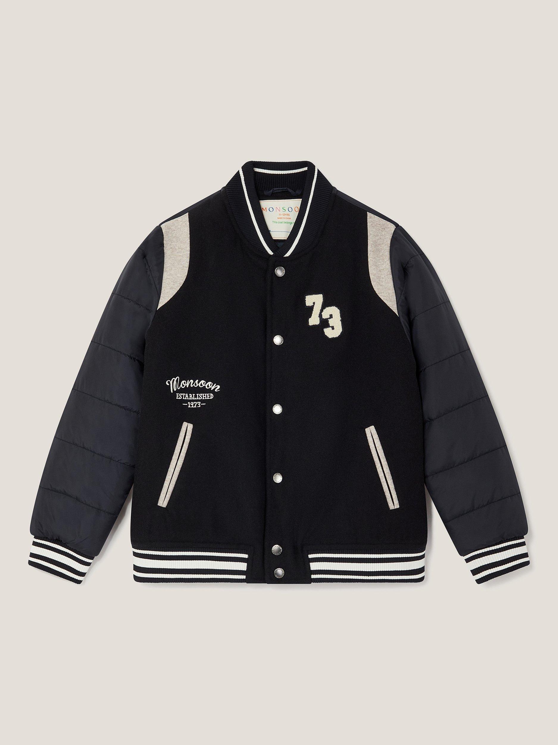Product image 1 of 3, which shows Monsoon Kids' Wool Blend Quilted Varsity Jacket, Navy, 2-3 years