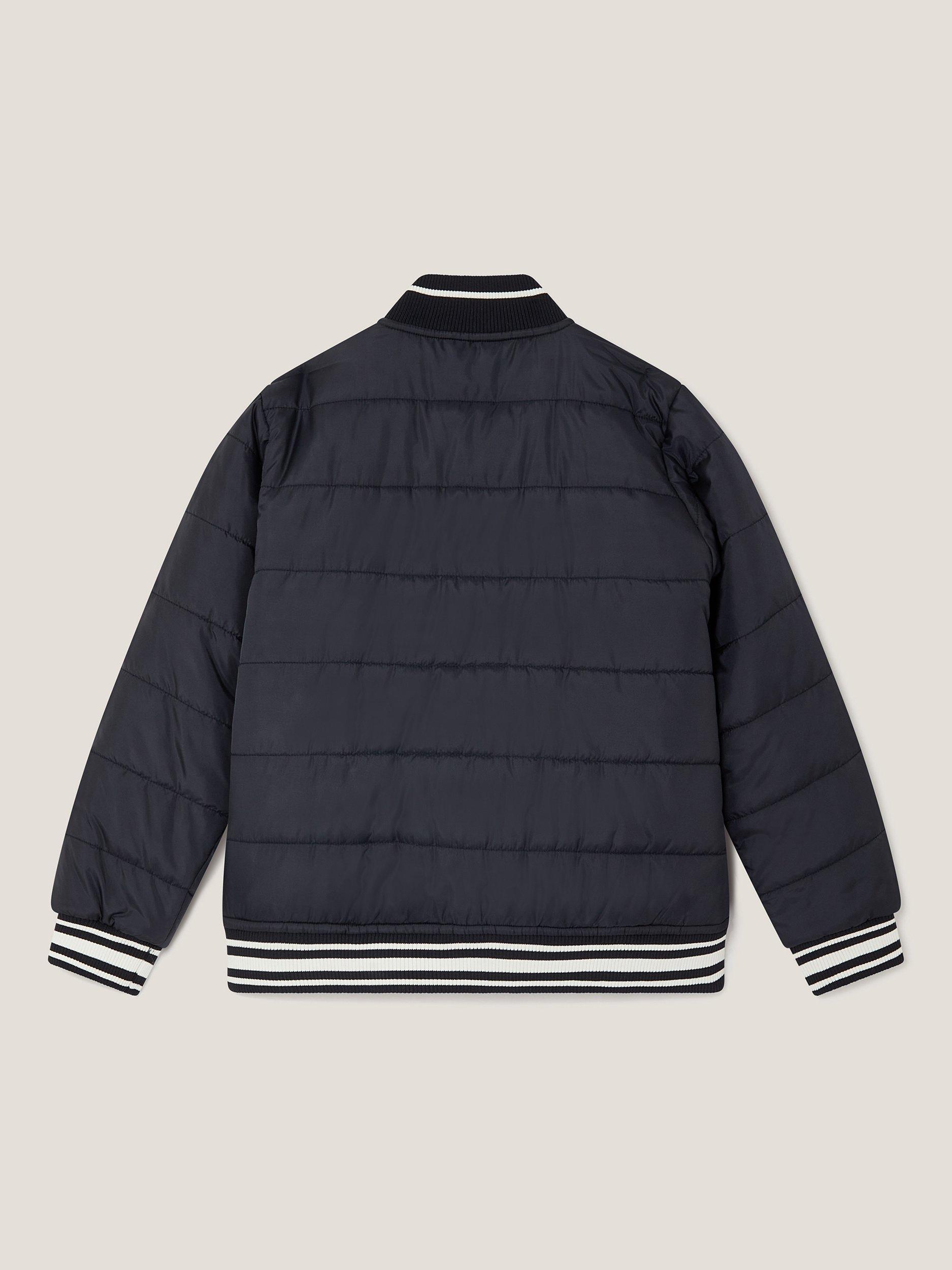 Product image 2 of 3, which shows Monsoon Kids' Wool Blend Quilted Varsity Jacket, Navy, 2-3 years
