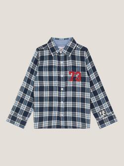 Monsoon Kids' Cotton Long Sleeved 73 Logo Checked Shirt, Blue, Blue