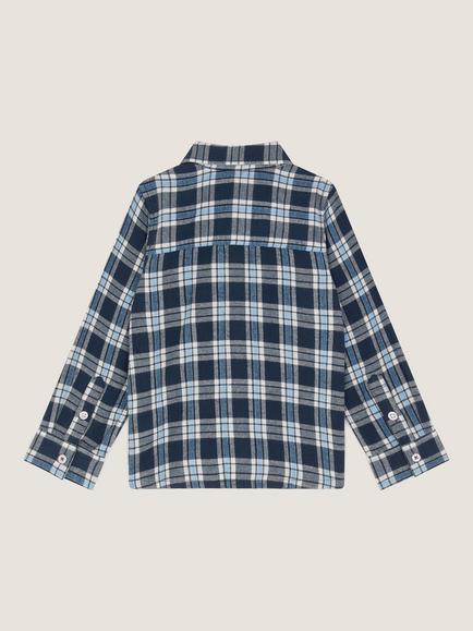 Monsoon Kids' Cotton Long Sleeved 73 Logo Checked Shirt, Blue - view 2, Blue