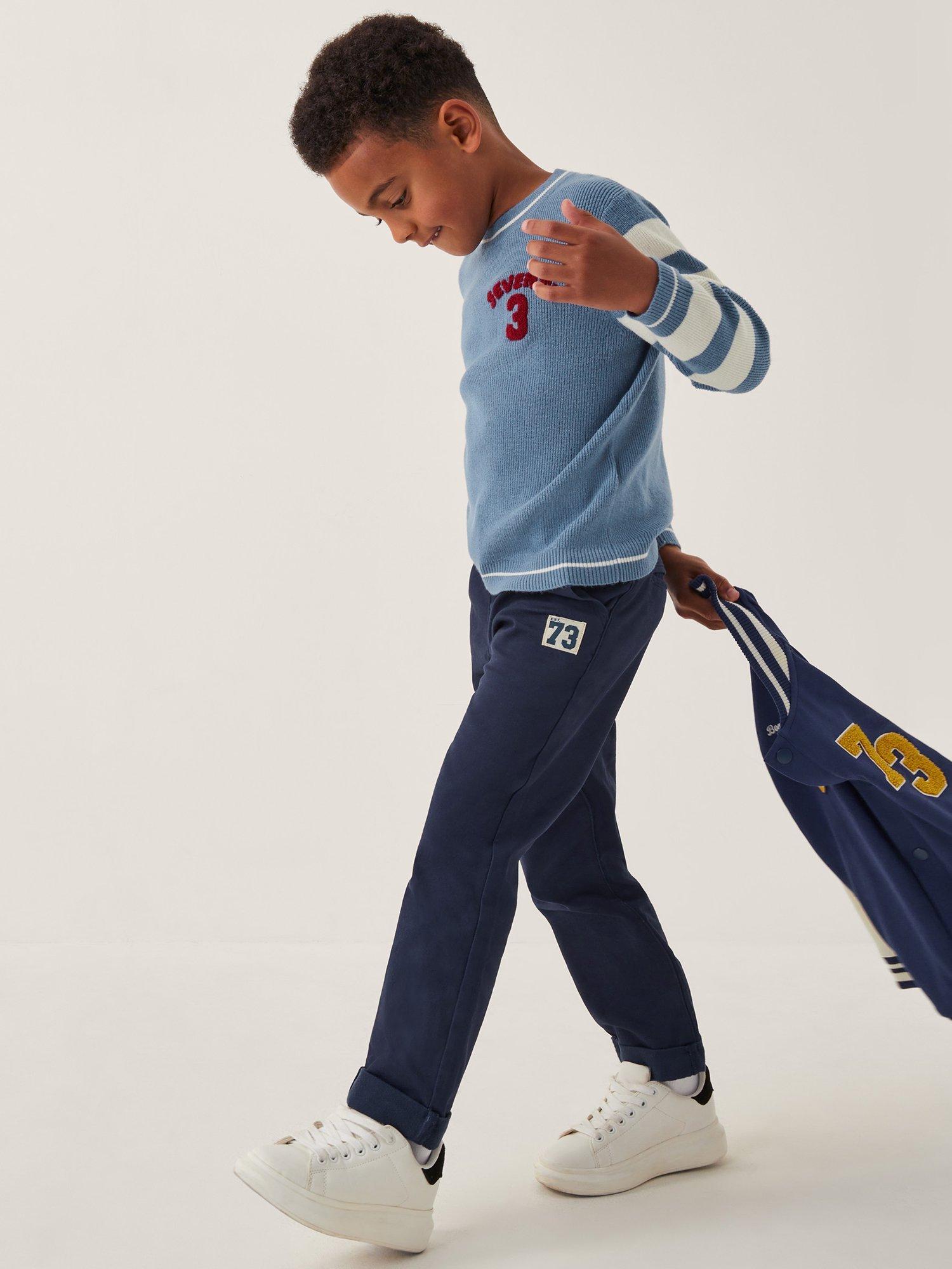 Product image 1 of 4, which shows Monsoon Kids' Cotton Blend Stripe Trousers, Navy, 2-3 years
