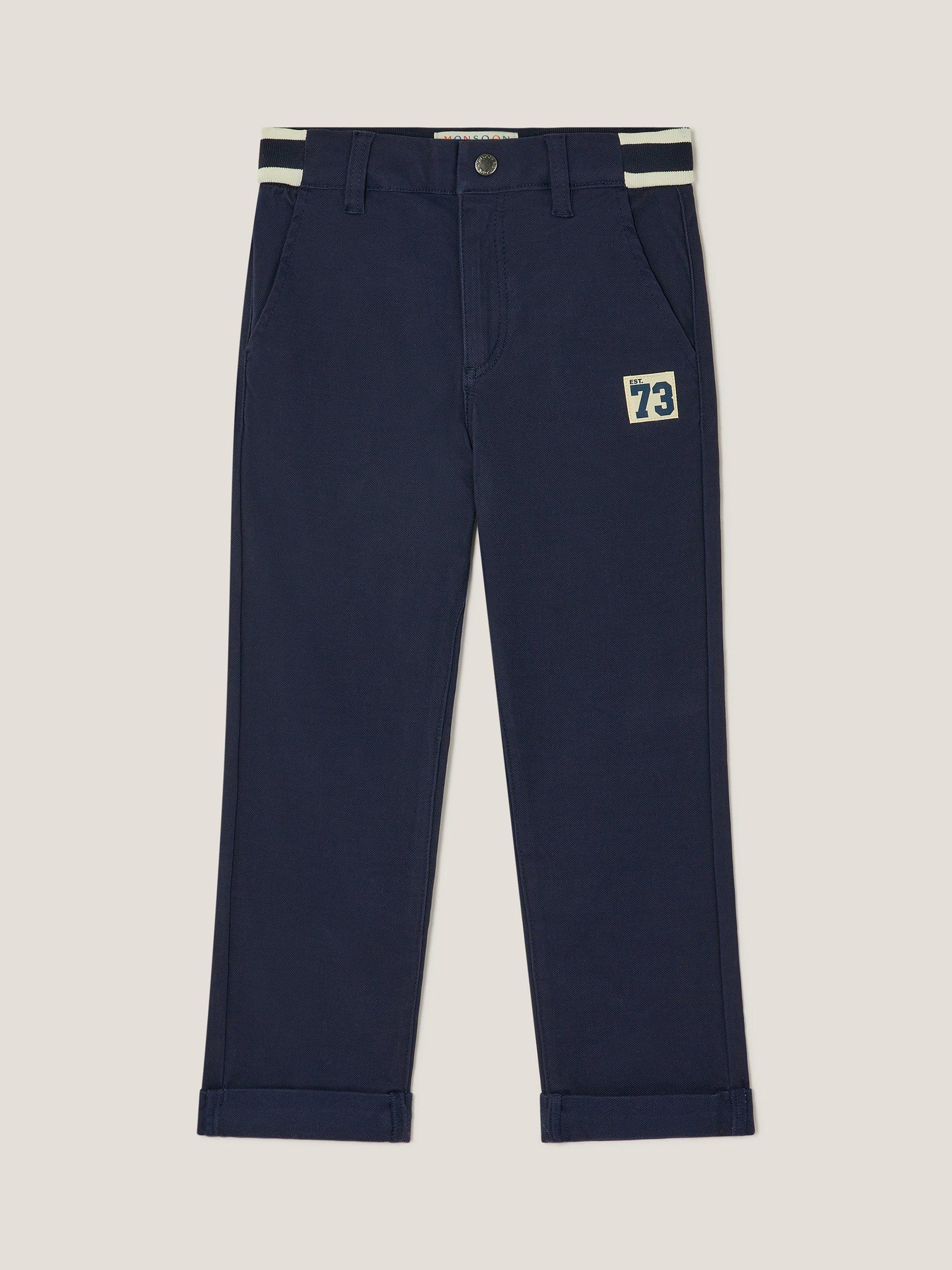 Product image 2 of 4, which shows Monsoon Kids' Cotton Blend Stripe Trousers, Navy, 2-3 years