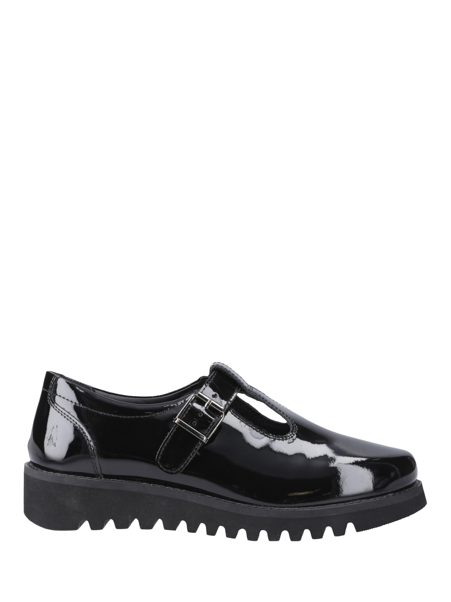 Product image 1 of 4, which shows Hush Puppies Kids' Florrie Senior Patent T-Bar Buckle Shoes, Black, 3