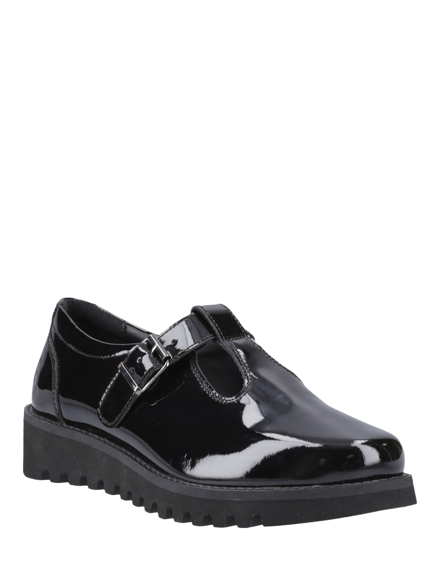 Product image 2 of 4, which shows Hush Puppies Kids' Florrie Senior Patent T-Bar Buckle Shoes, Black, 3
