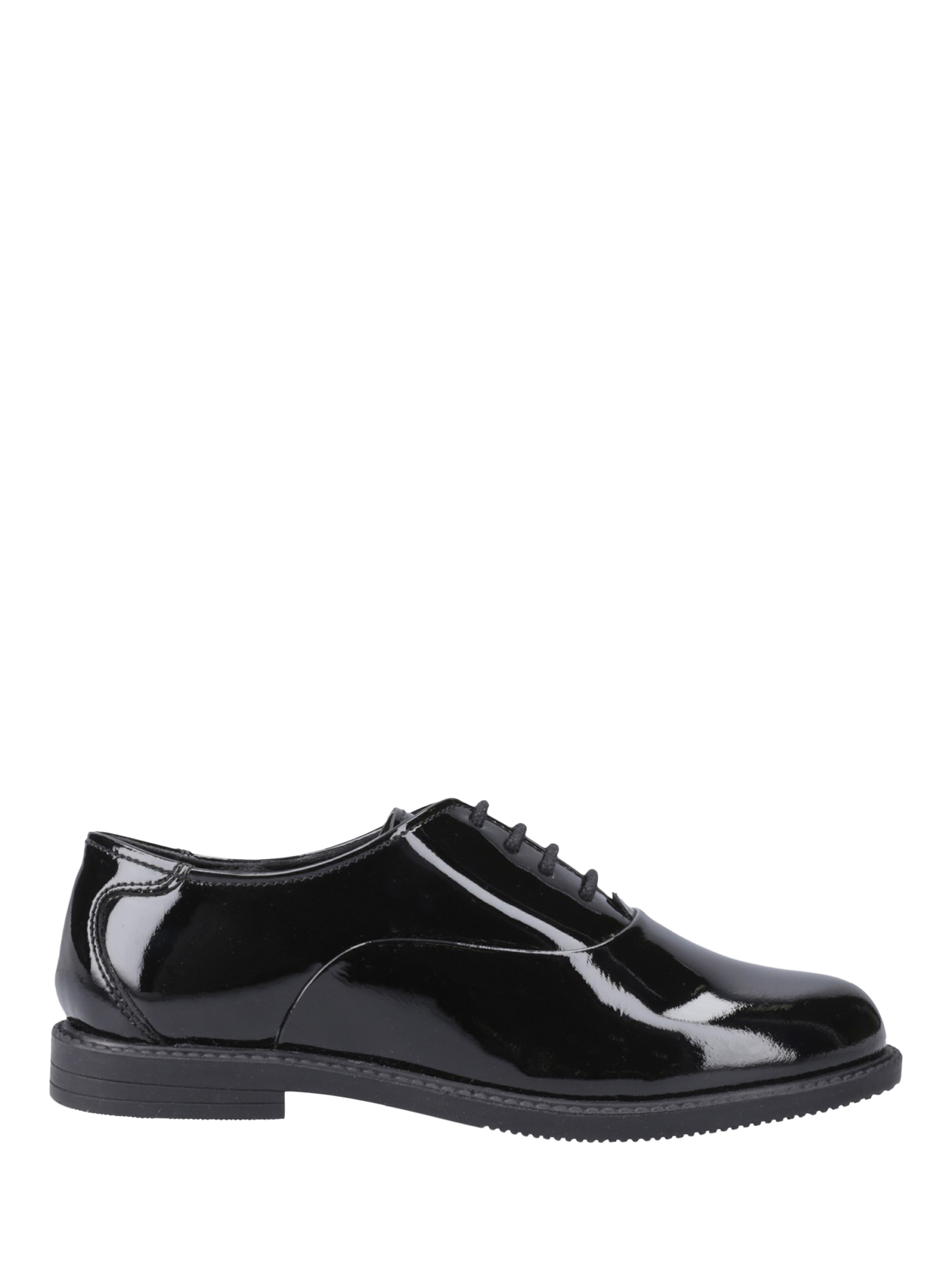 Product image 1 of 3, which shows Hush Puppies Kids' Nellie Senior Patent Leather School Shoes, Black, 6