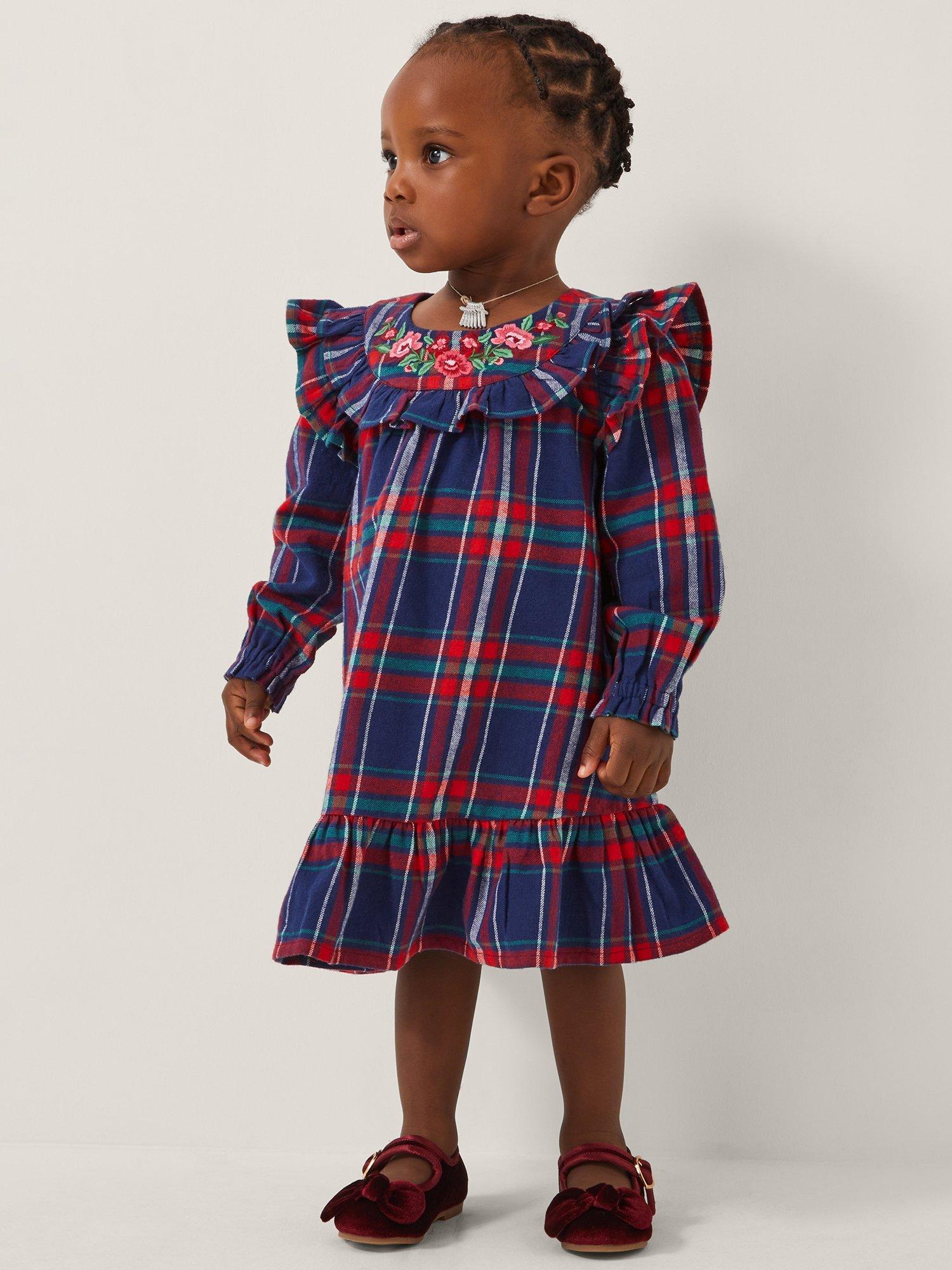Monsoon Baby Cotton Tartan Floral Embroidered Dress, Navy