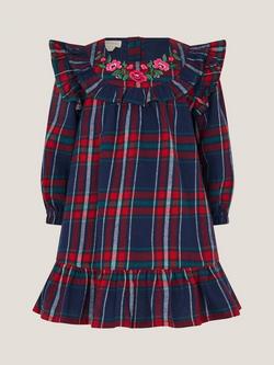 Monsoon Baby Cotton Tartan Floral Embroidered Dress, Navy - view 2, Navy