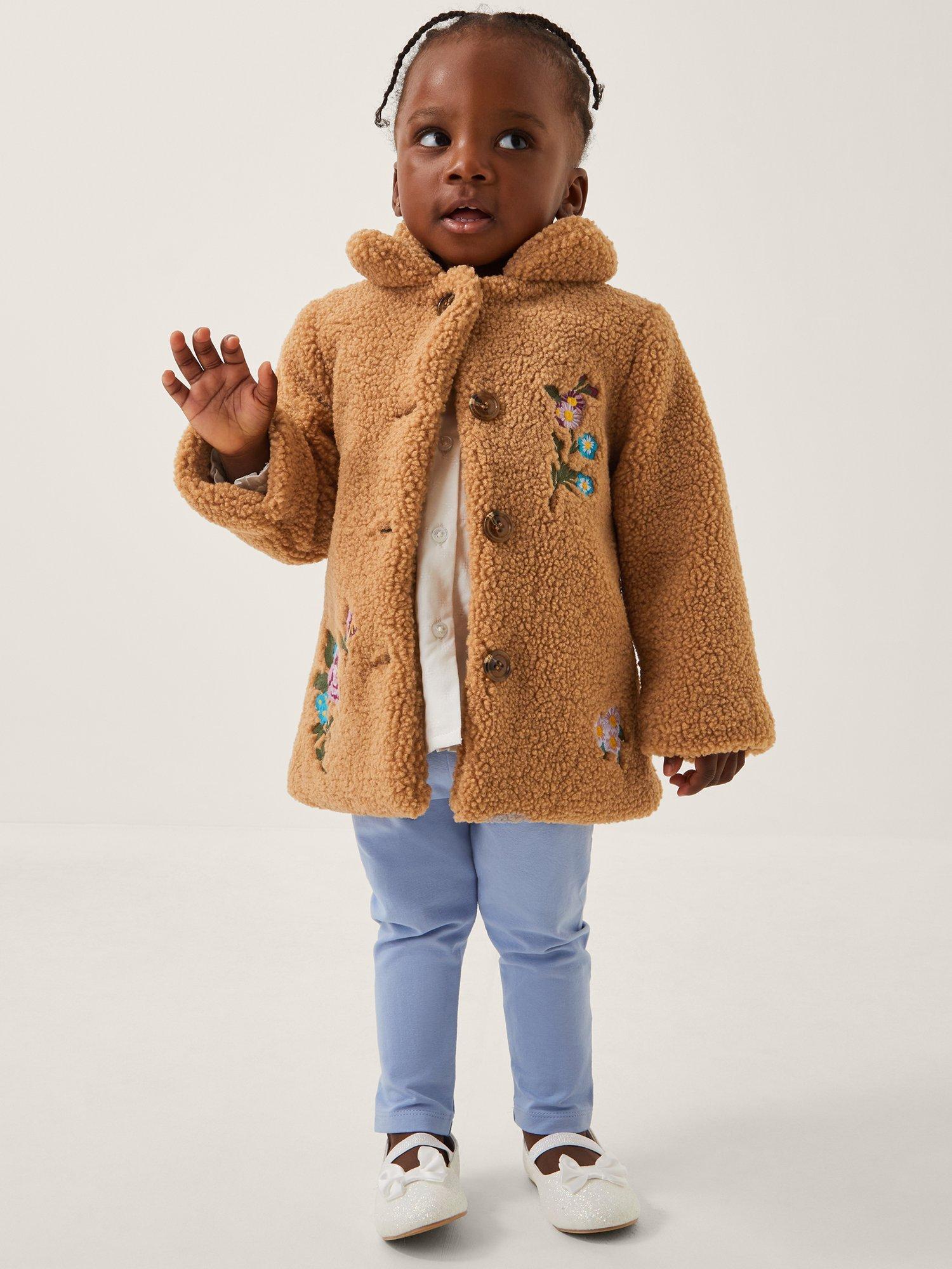 Product image 1 of 4, which shows Monsoon Baby Borg Floral Embroidery Coat, Camel, 3-6 months
