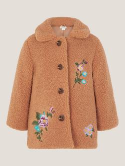 Monsoon Baby Borg Floral Embroidery Coat, Camel - view 2, Camel