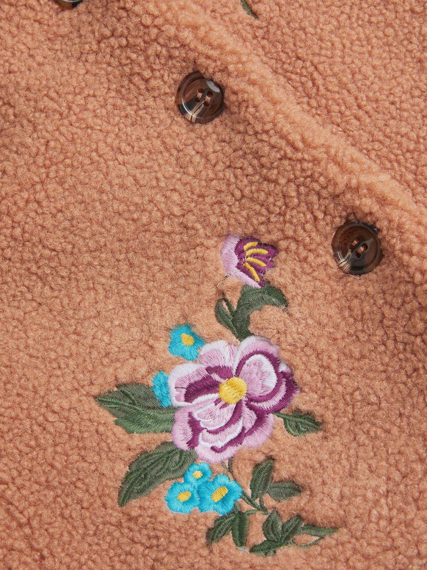 Product image 4 of 4, which shows Monsoon Baby Borg Floral Embroidery Coat, Camel, 3-6 months