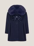 Monsoon Baby Velvet Bow Faux Fur Coat, Navy