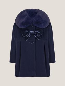 Monsoon Baby Velvet Bow Faux Fur Coat, Navy, Navy