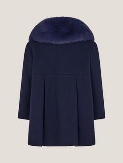 Monsoon Baby Velvet Bow Faux Fur Coat, Navy - view 2, Navy
