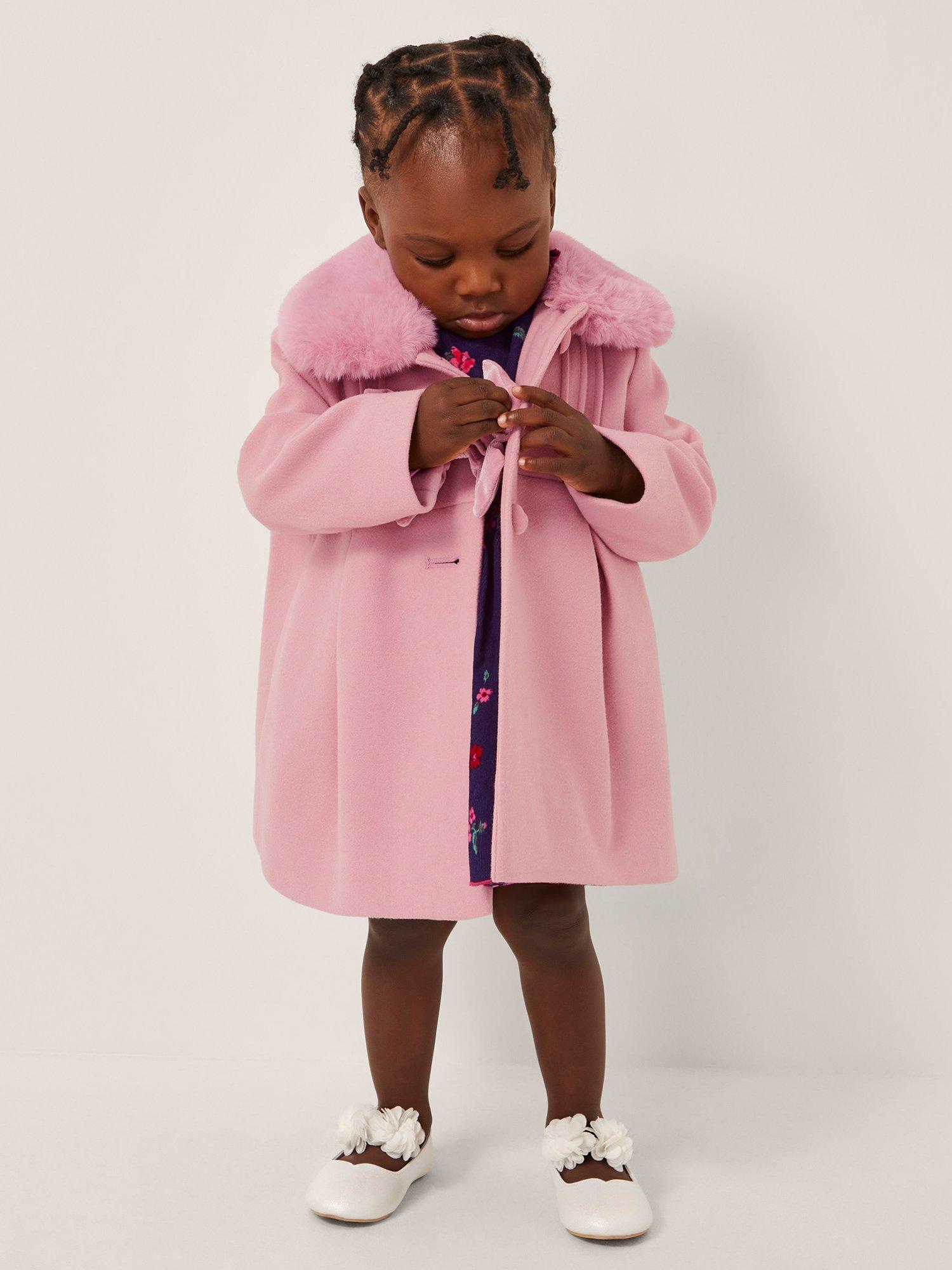 Monsoon Baby Velvet Bow Faux Fur Coat, Pink
