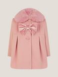 Monsoon Baby Velvet Bow Faux Fur Coat, Pink