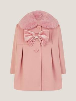 Monsoon Baby Velvet Bow Faux Fur Coat, Pink - view 2, Pink