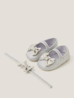 Monsoon Baby Glitter Bow Bootie and Headband Set, Silver