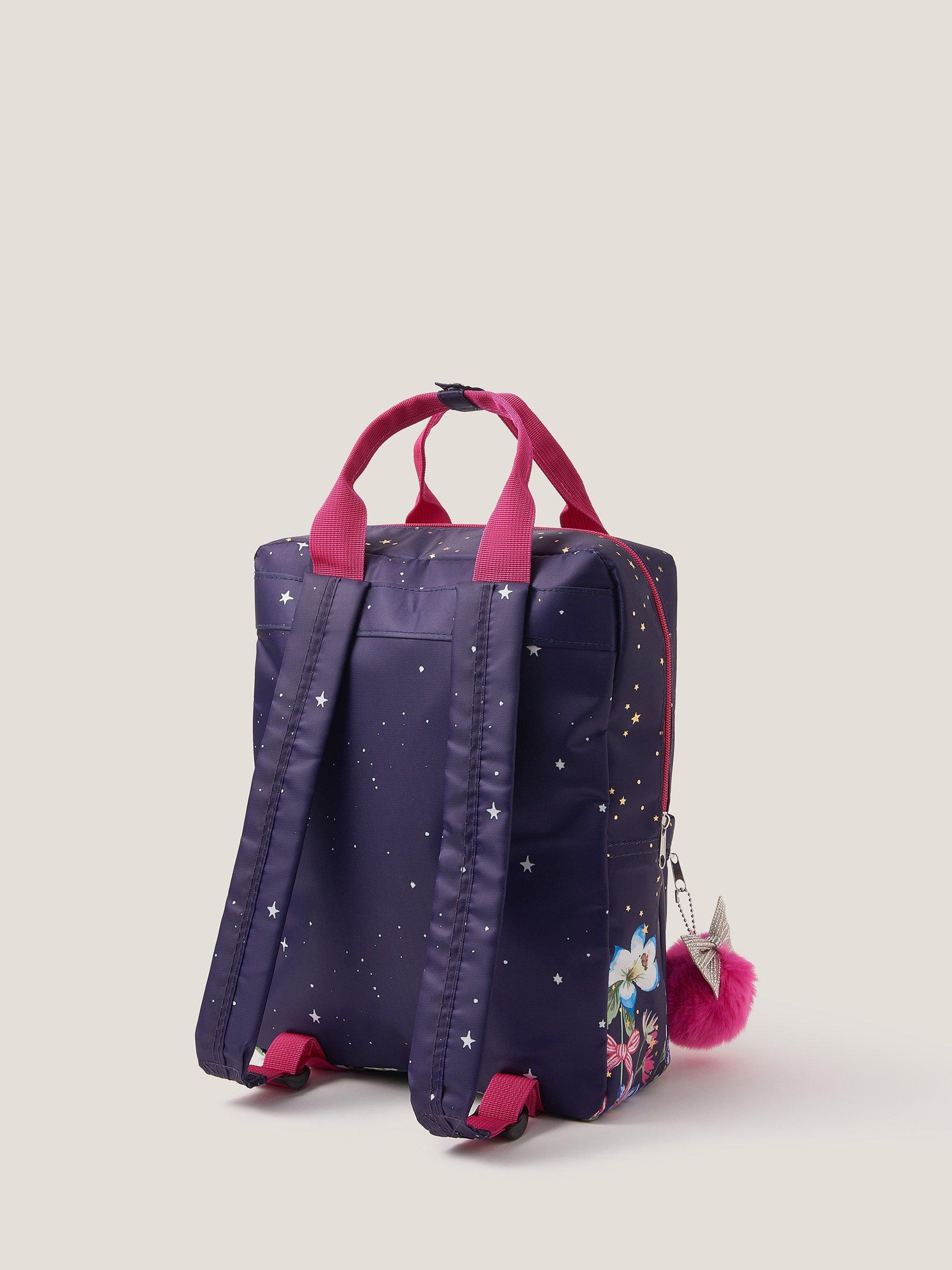 Product image 2 of 4, which shows Monsoon Kids' School Floral Print Backpack, Navy, One Size