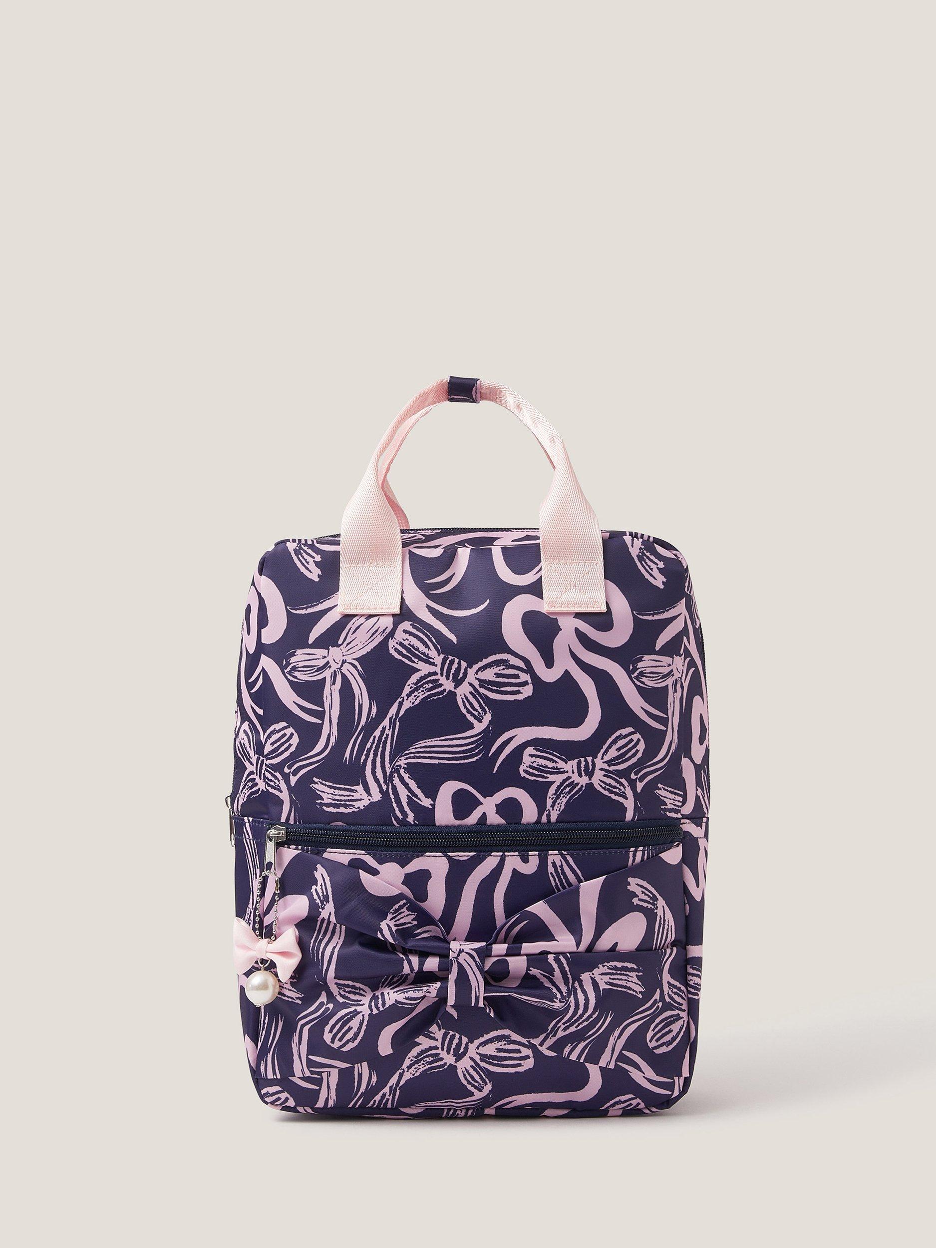Product image 1 of 4, which shows Monsoon Kids' School Bow Print Backpack, Navy, One Size