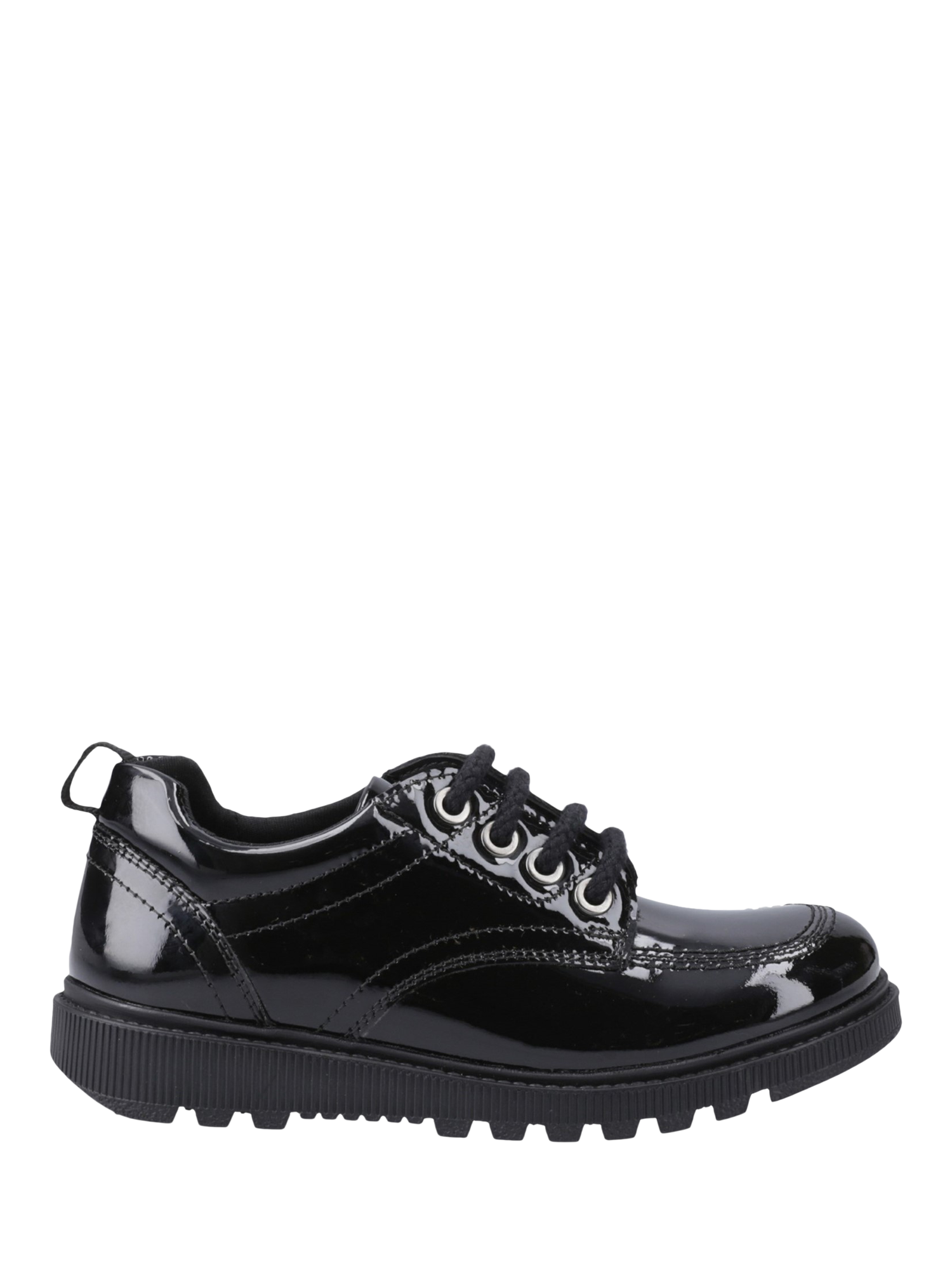 Product image 1 of 4, which shows Hush Puppies Kids' Keeley Senior Patent Leather School Shoes, Black, 3