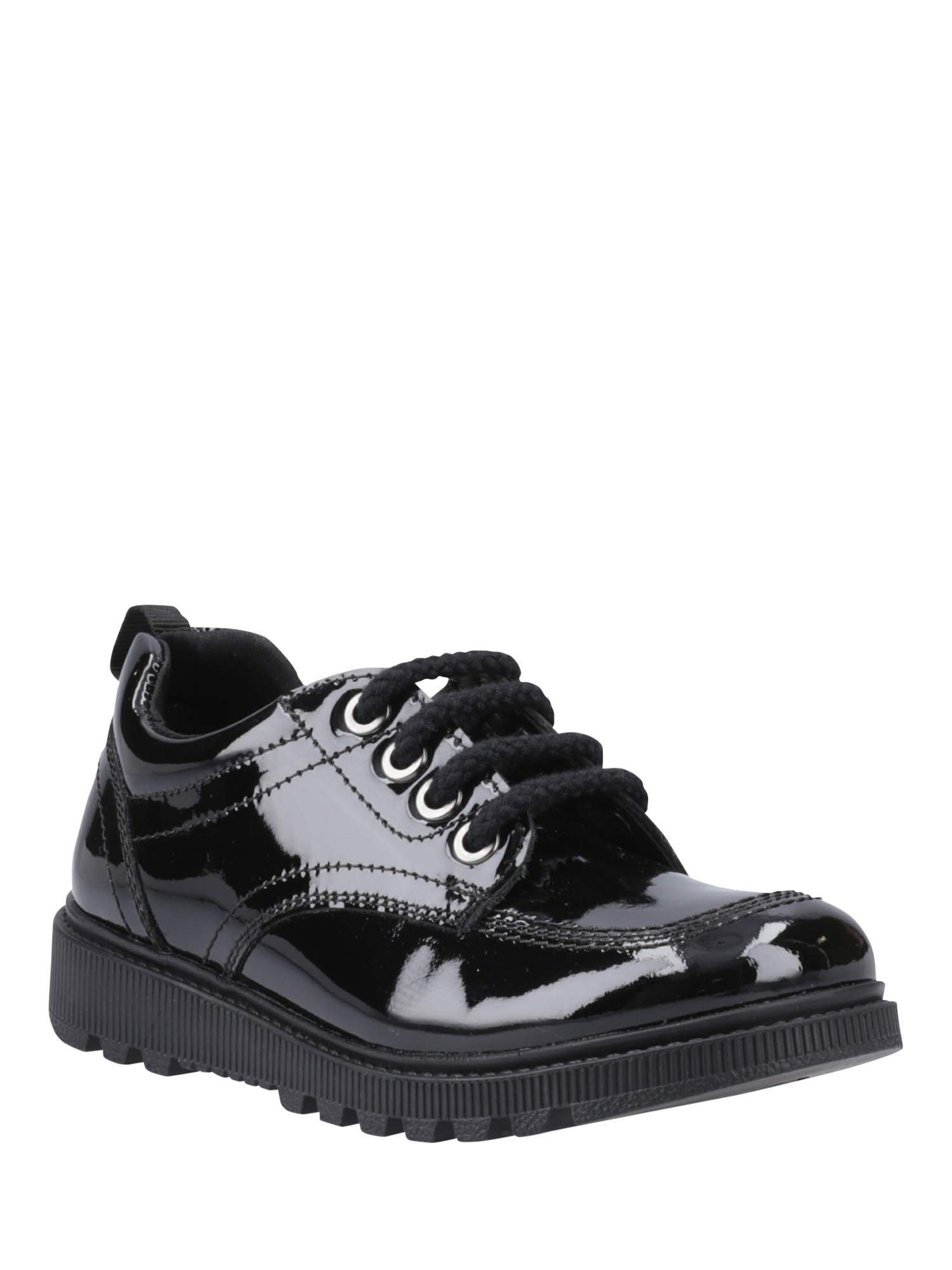 Product image 2 of 4, which shows Hush Puppies Kids' Keeley Senior Patent Leather School Shoes, Black, 3
