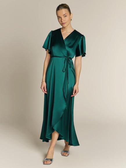 Rewritten Florence Waterfall Hem Satin Wrap Dress, Forest Green