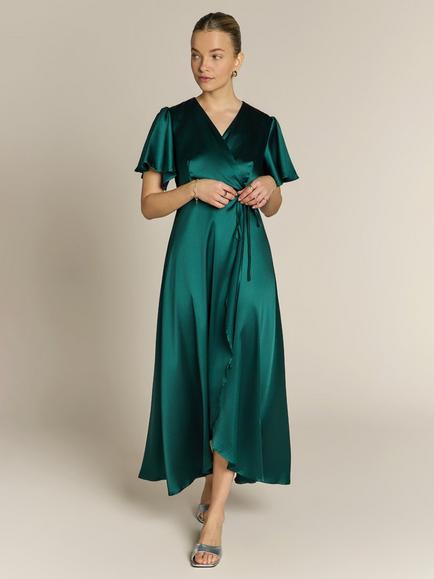 Rewritten Florence Waterfall Hem Satin Wrap Dress - view 2, Forest Green