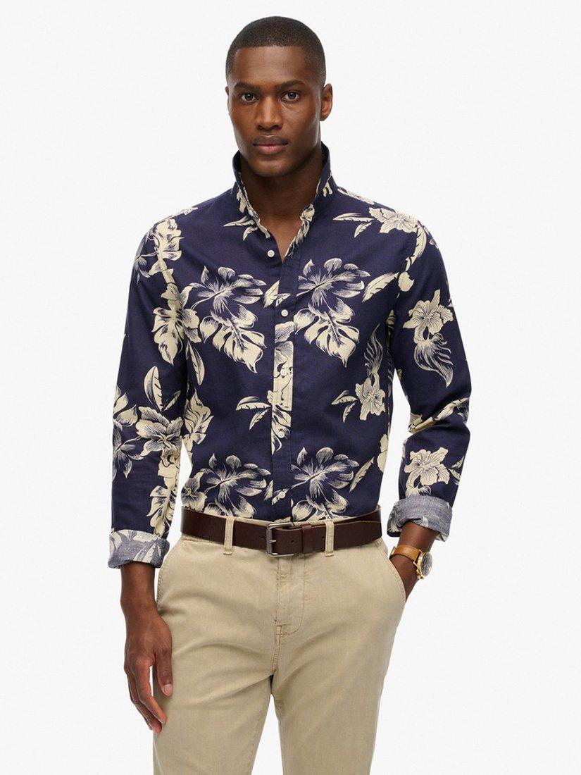 Product image 1 of 4, which shows Superdry Modal Regular Fit Floral Beach Shirt, Chrissy Indigo, S