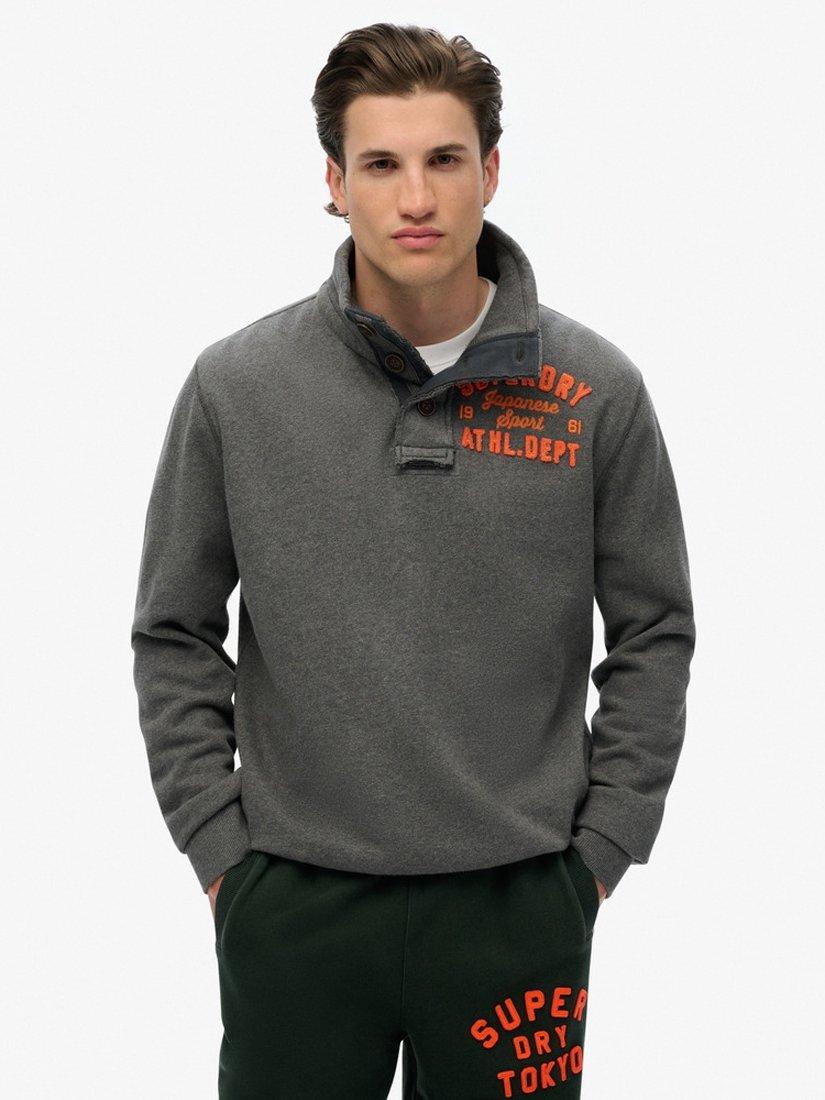 Product image 1 of 4, which shows Superdry Vintage Athletic Half Button Sweatshirt, Charcoal Marl, S
