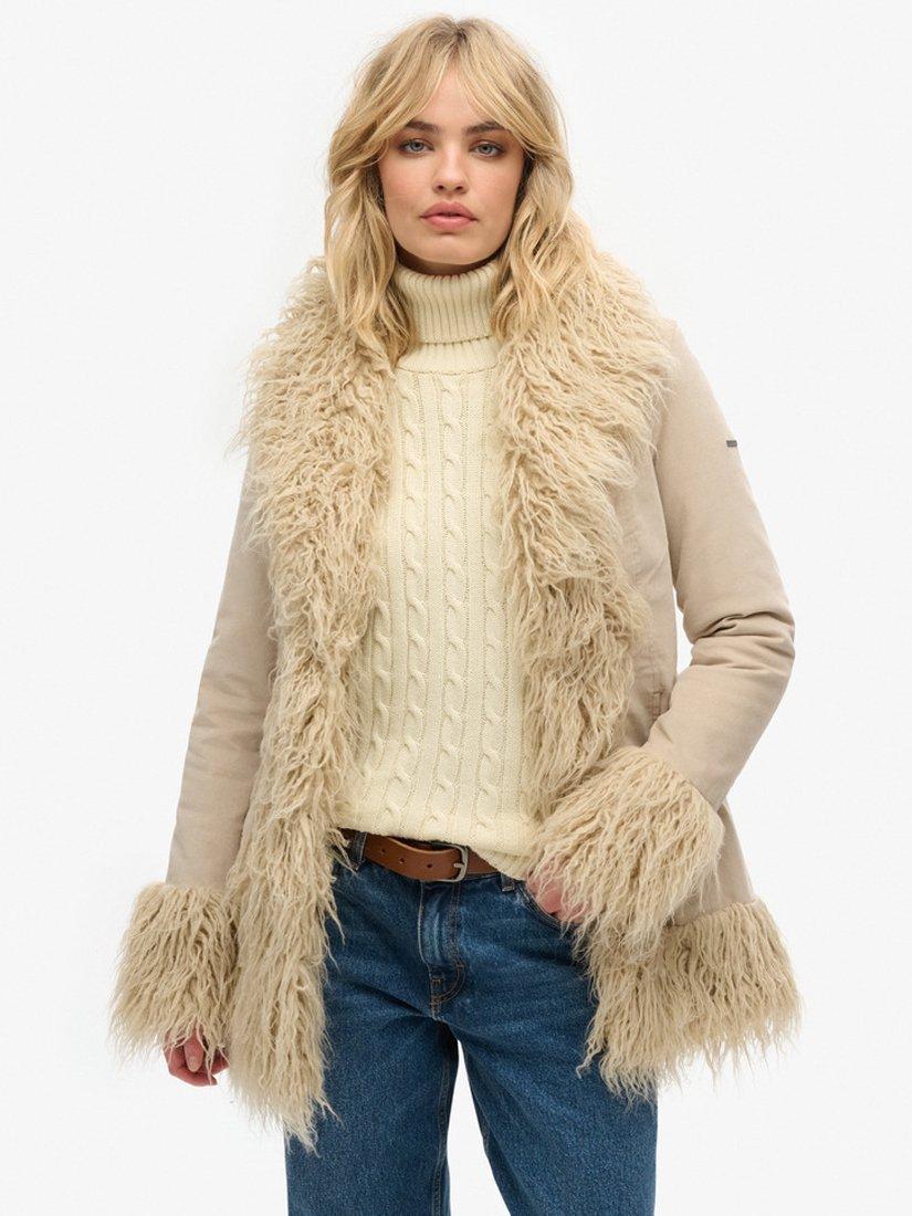 Product image 1 of 5, which shows Superdry Faux Fur Lined Afghan Coat, Stone Wash Taupe, 8
